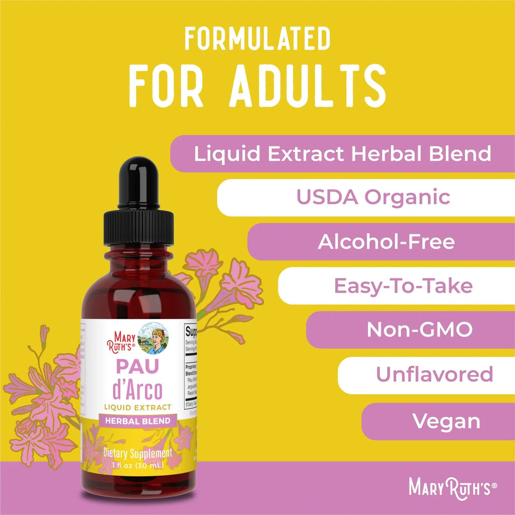 MaryRuth Organics PAU D'Arco Herbal Blend | Reishi Mushroom | Echinacea angustifolia Root | Usnea Lichen | Thyme Leaf | Vegan | Non-GMO Project Verified | Gluten Free | 30 Servings | 1 Fl Oz - TrustMedUSA
