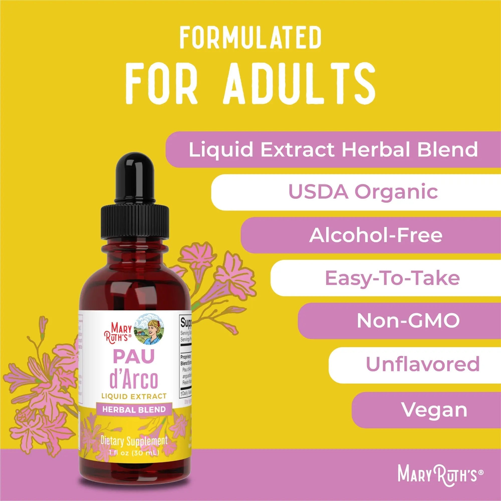 MaryRuth Organics PAU D'Arco Herbal Blend | Reishi Mushroom | Echinacea angustifolia Root | Usnea Lichen | Thyme Leaf | Vegan | Non-GMO Project Verified | Gluten Free | 30 Servings | 1 Fl Oz - TrustMedUSA