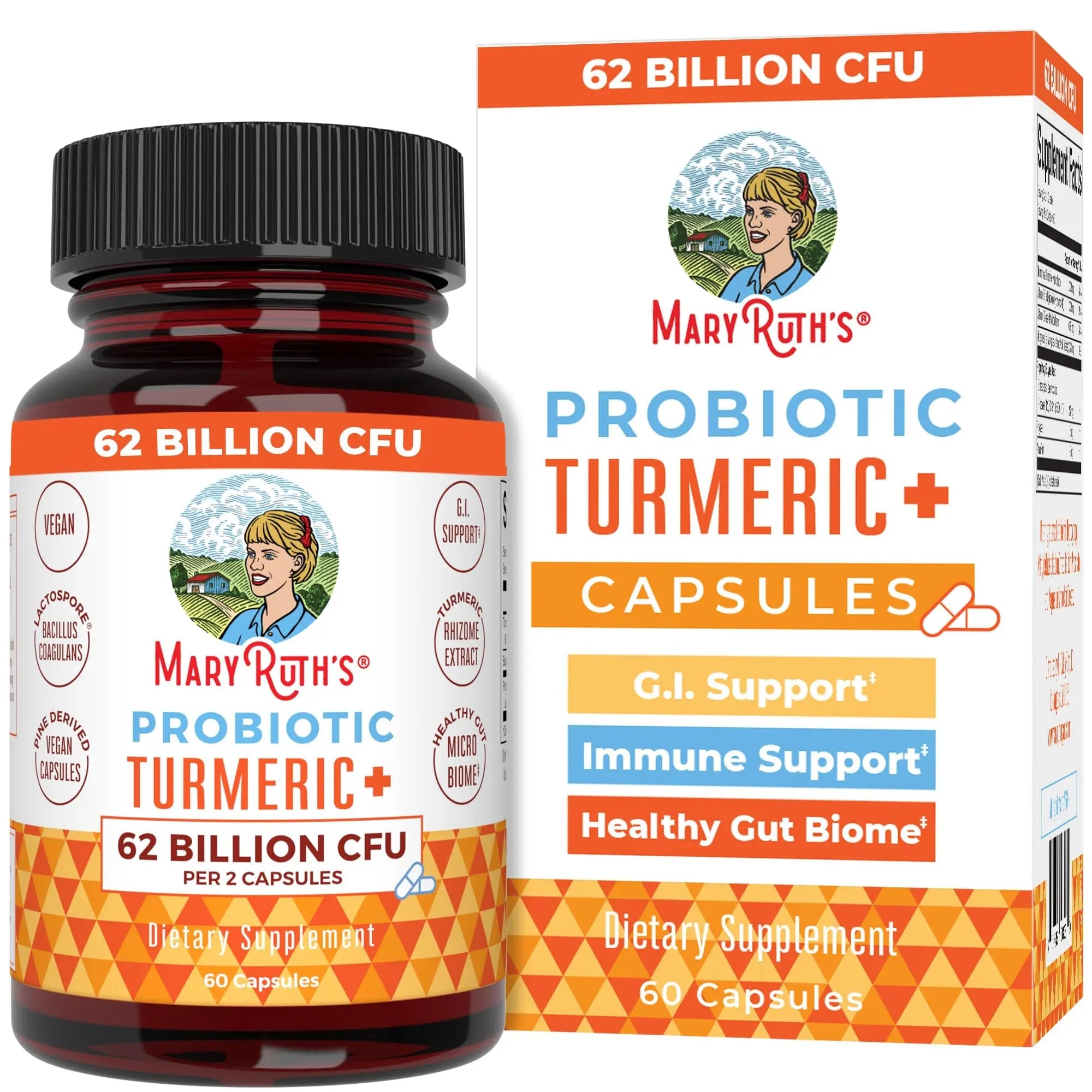 MaryRuth Organics Probiotic Turmeric + Extra GI Support | 62 Billion CFU | Organic Ingredients Turmeric Complex with Probiotics | Turmeric Curcumin Capsules for Digestion | Vegan | 60 Count - TrustMedUSA