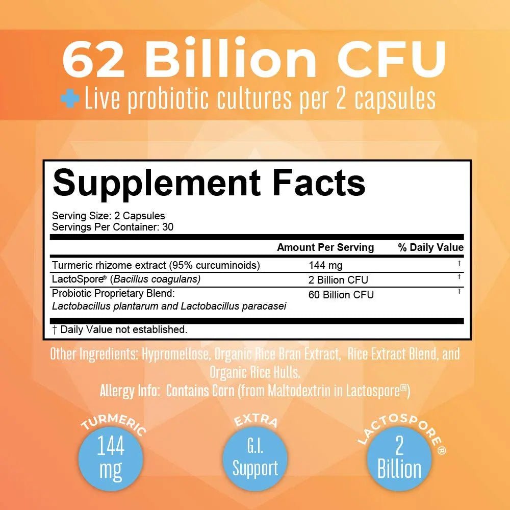 MaryRuth Organics Probiotic Turmeric + Extra GI Support | 62 Billion CFU | Organic Ingredients Turmeric Complex with Probiotics | Turmeric Curcumin Capsules for Digestion | Vegan | 60 Count - TrustMedUSA