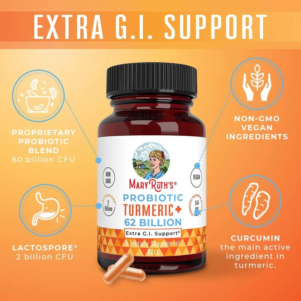 MaryRuth Organics Probiotic Turmeric + Extra GI Support | 62 Billion CFU | Organic Ingredients Turmeric Complex with Probiotics | Turmeric Curcumin Capsules for Digestion | Vegan | 60 Count - TrustMedUSA