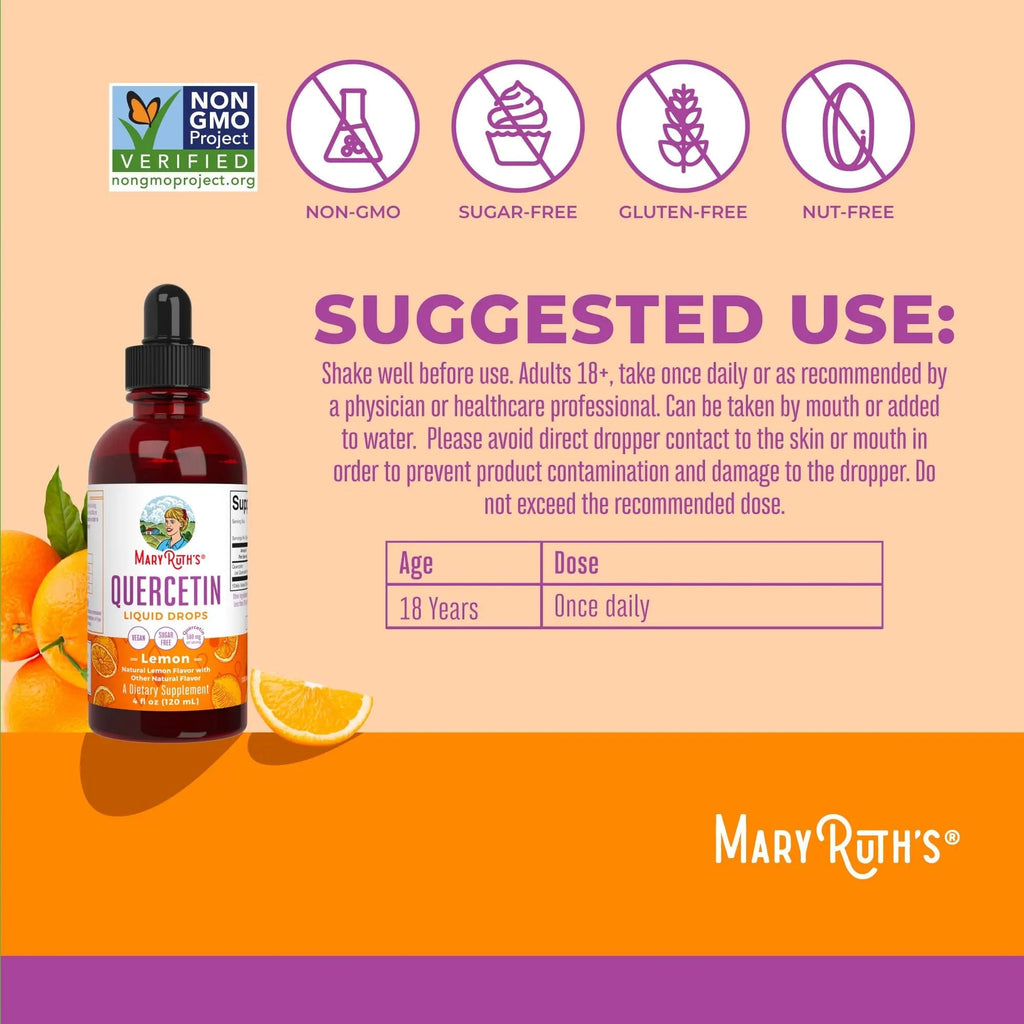 MaryRuth Organics Quercetin Liquid Drops | Sugar Free | 500mg for Adults 18 & Over | Cardiovascular Health for Adults | Bioflavonoid | Vegan | Non-GMO | Gluten Free | 4 Fl Oz - TrustMedUSA