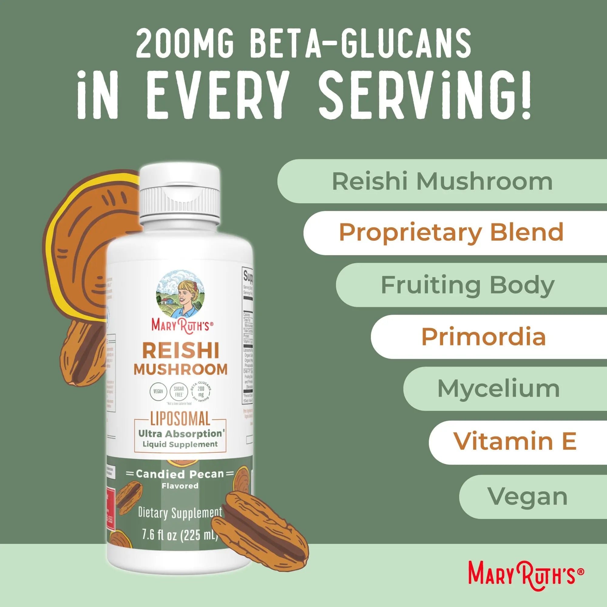MaryRuth Organics Reishi Vegan Mushroom Supplement | Ultra Absorption Liposomal | Immune Support with 200mg Beta-Glucans, Vegan |Full Spectrum Reishi Mushrooms Fruiting Body | 7.6 oz, - TrustMedUSA