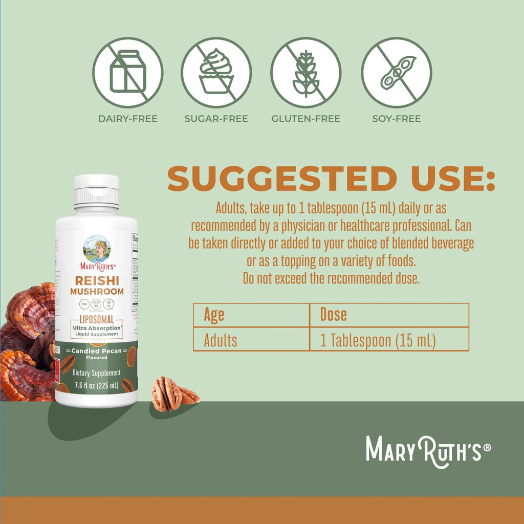 MaryRuth Organics Reishi Vegan Mushroom Supplement | Ultra Absorption Liposomal | Immune Support with 200mg Beta-Glucans, Vegan |Full Spectrum Reishi Mushrooms Fruiting Body | 7.6 oz, - TrustMedUSA