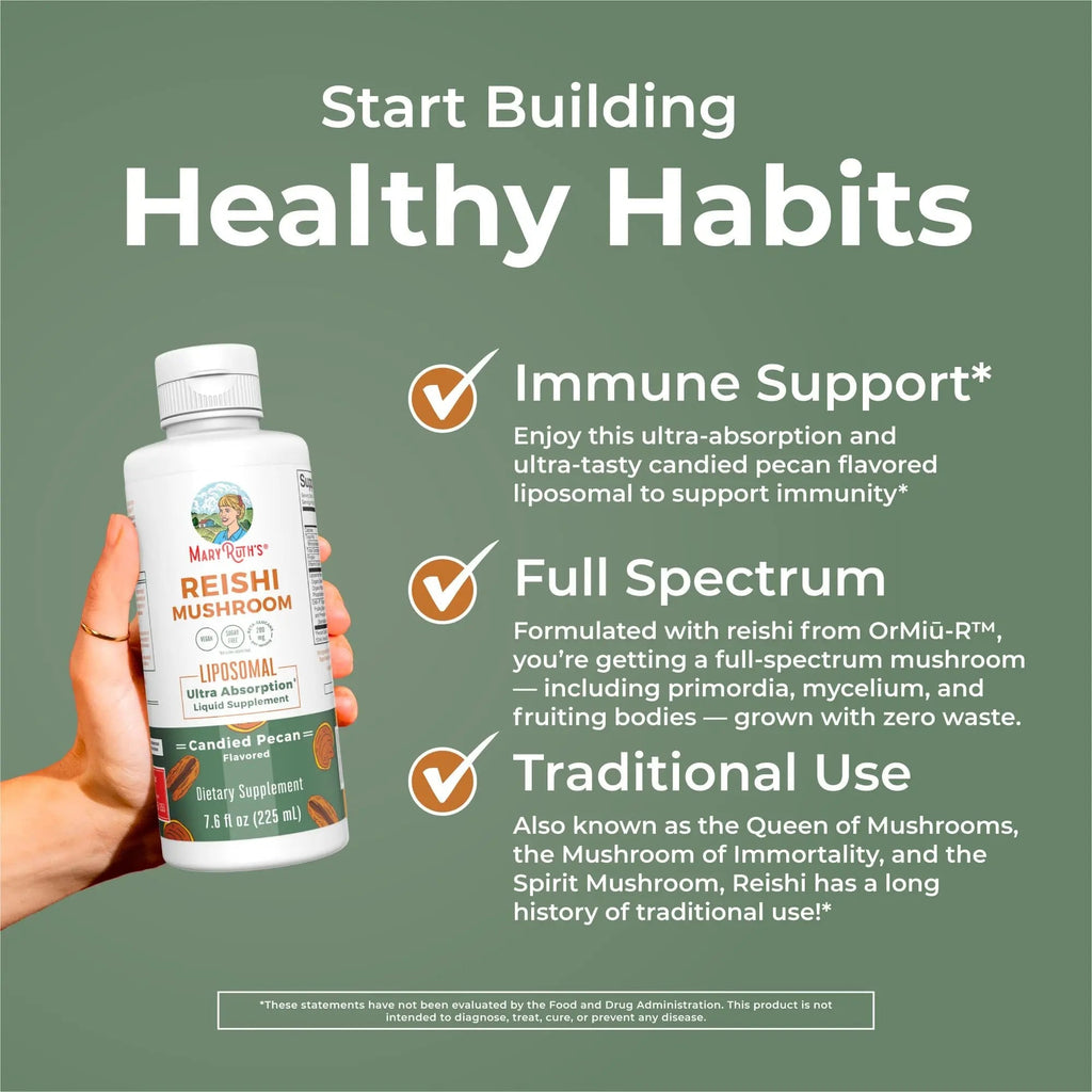 MaryRuth Organics Reishi Vegan Mushroom Supplement | Ultra Absorption Liposomal | Immune Support with 200mg Beta-Glucans, Vegan |Full Spectrum Reishi Mushrooms Fruiting Body | 7.6 oz, - TrustMedUSA
