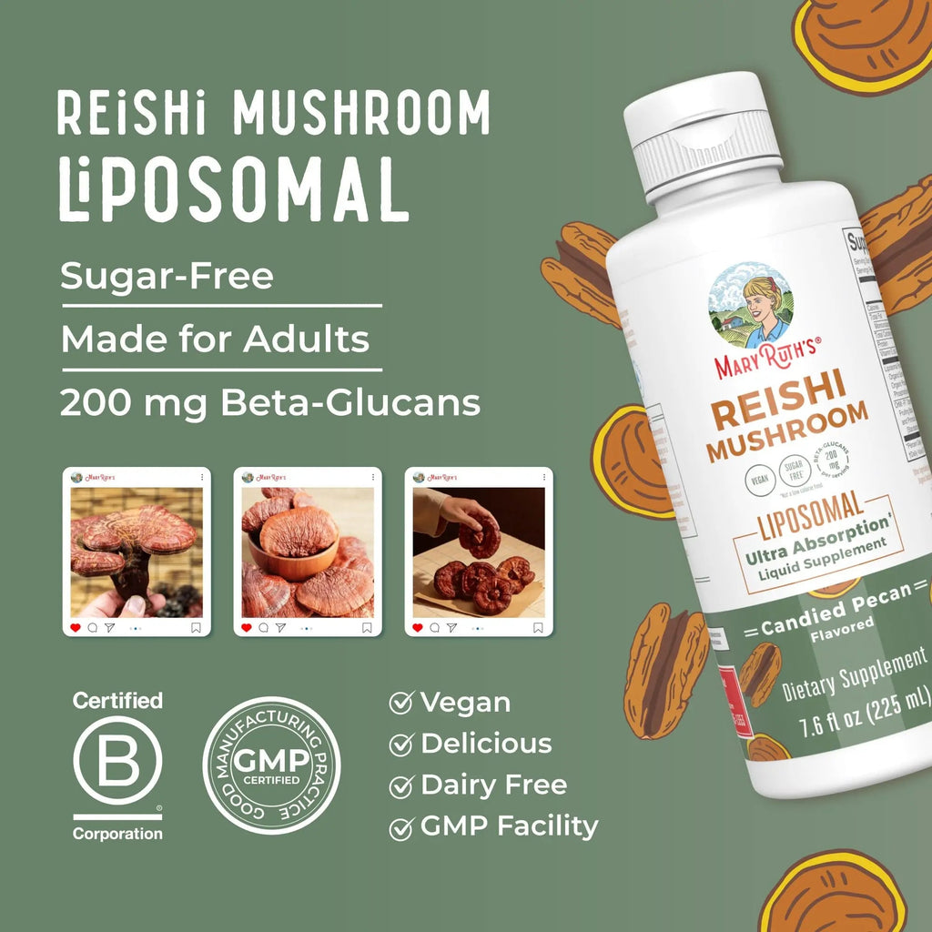 MaryRuth Organics Reishi Vegan Mushroom Supplement | Ultra Absorption Liposomal | Immune Support with 200mg Beta-Glucans, Vegan |Full Spectrum Reishi Mushrooms Fruiting Body | 7.6 oz, - TrustMedUSA