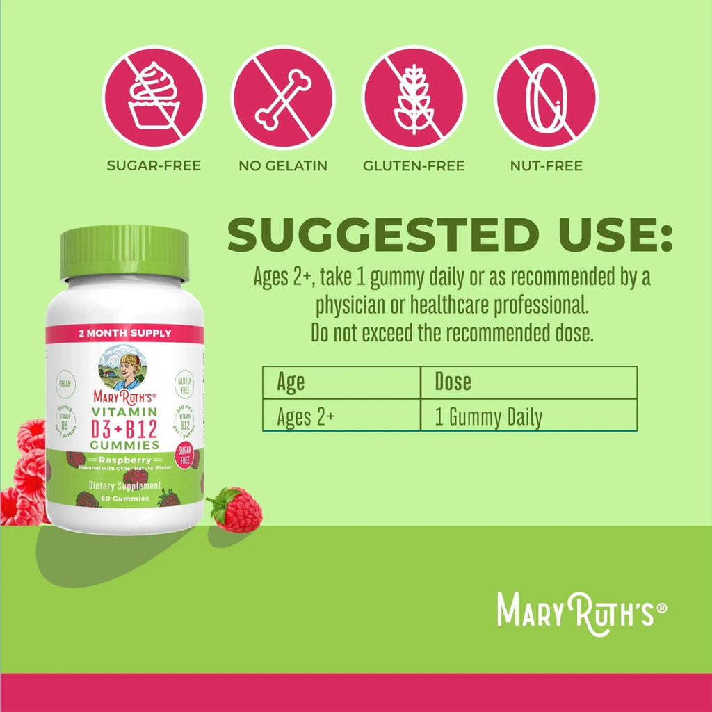 MaryRuth Organics Sugar Free | 2 Month Supply | Vitamin D & B12 Vitamin Supplements for Adults & Kids | Bone Health | Immune Support | Vegan | Non-GMO | 60 Servings - TrustMedUSA