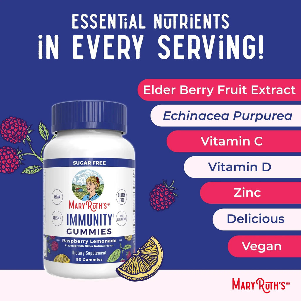 MaryRuth Organics Sugar Free Immunity Gummies | Powerful Blend | Elderberry Vitamin C & Zinc | Vitamin D3 & Echinacea | Immune Support Supplement | Gummies for Kids & Adults | Vegan | Non GMO | 90ct - TrustMedUSA