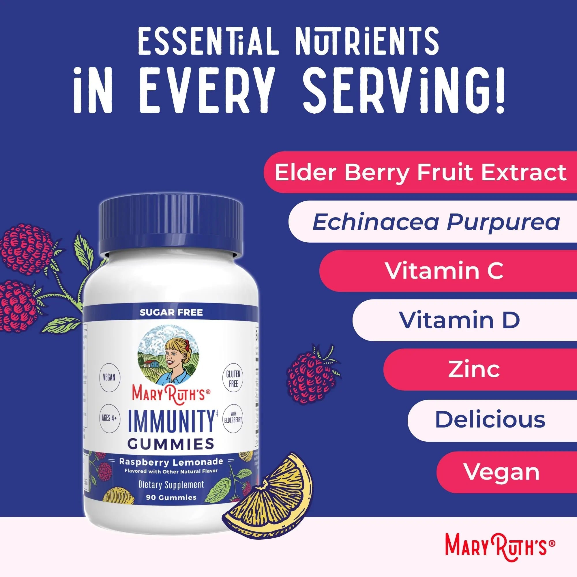 MaryRuth Organics Sugar Free Immunity Gummies | Powerful Blend | Elderberry Vitamin C & Zinc | Vitamin D3 & Echinacea | Immune Support Supplement | Gummies for Kids & Adults | Vegan | Non GMO | 90ct - TrustMedUSA