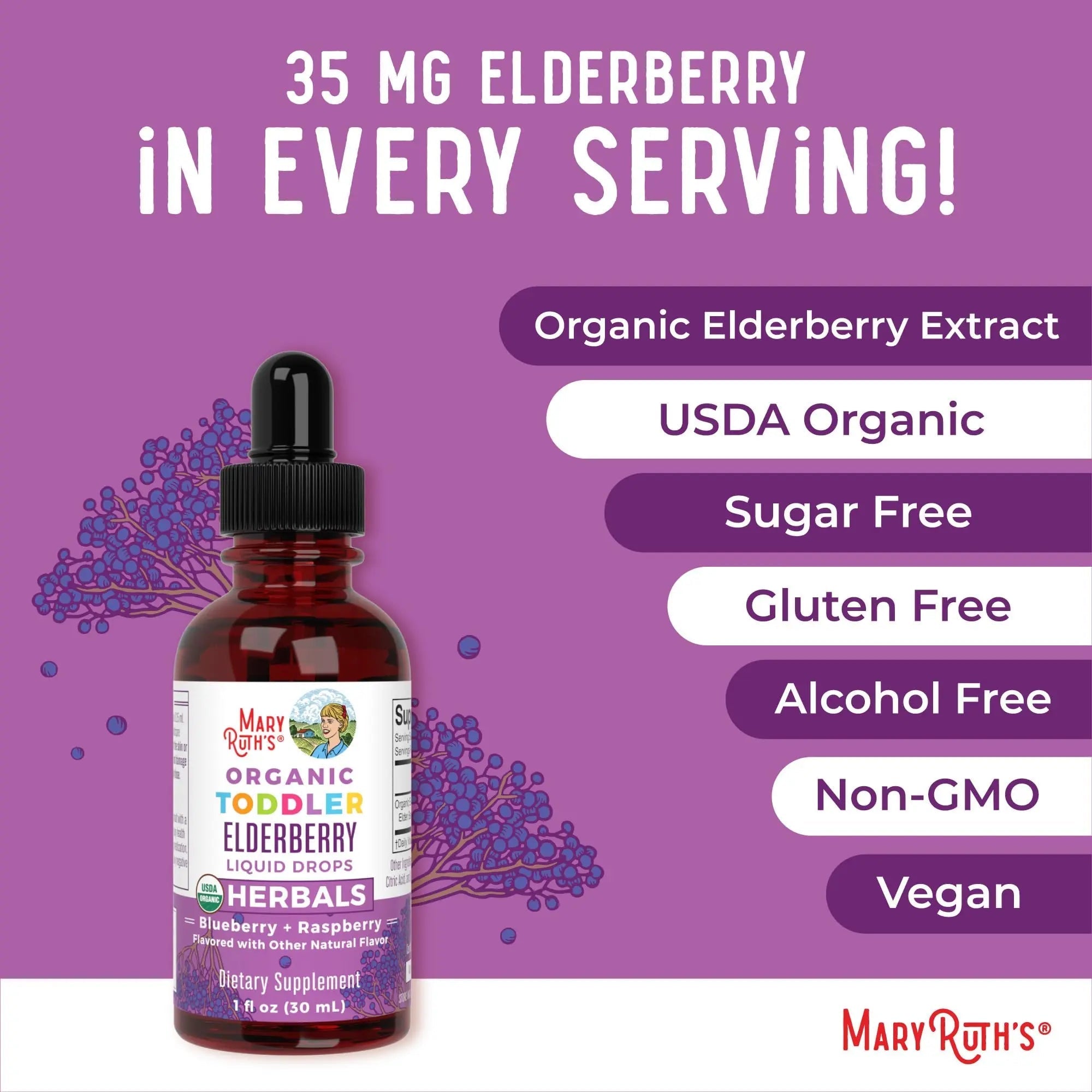 MaryRuth Organics Toddler Elderberry Syrup, USDA Organic Elderberry, Sugar Free Kids Immune Support Supplement for Ages 1-3 Years, Clean Label Project Verified®, Vegan, Non-GMO, Gluten Free, 1 Fl Oz - TrustMedUSA
