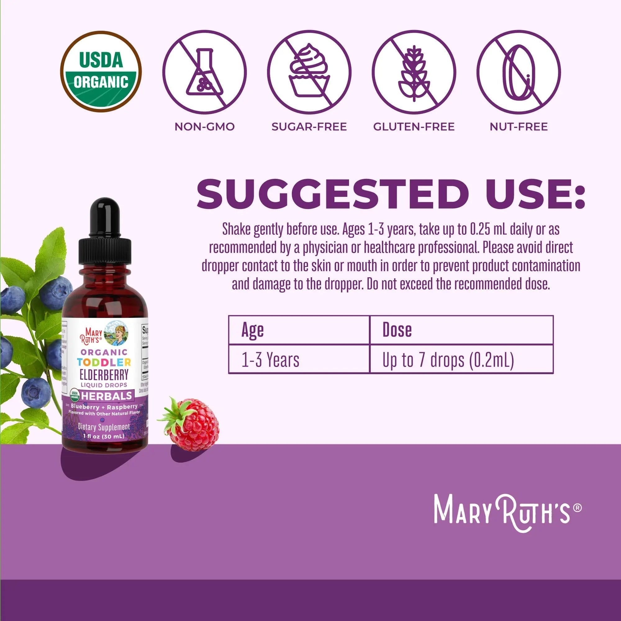 MaryRuth Organics Toddler Elderberry Syrup, USDA Organic Elderberry, Sugar Free Kids Immune Support Supplement for Ages 1-3 Years, Clean Label Project Verified®, Vegan, Non-GMO, Gluten Free, 1 Fl Oz - TrustMedUSA