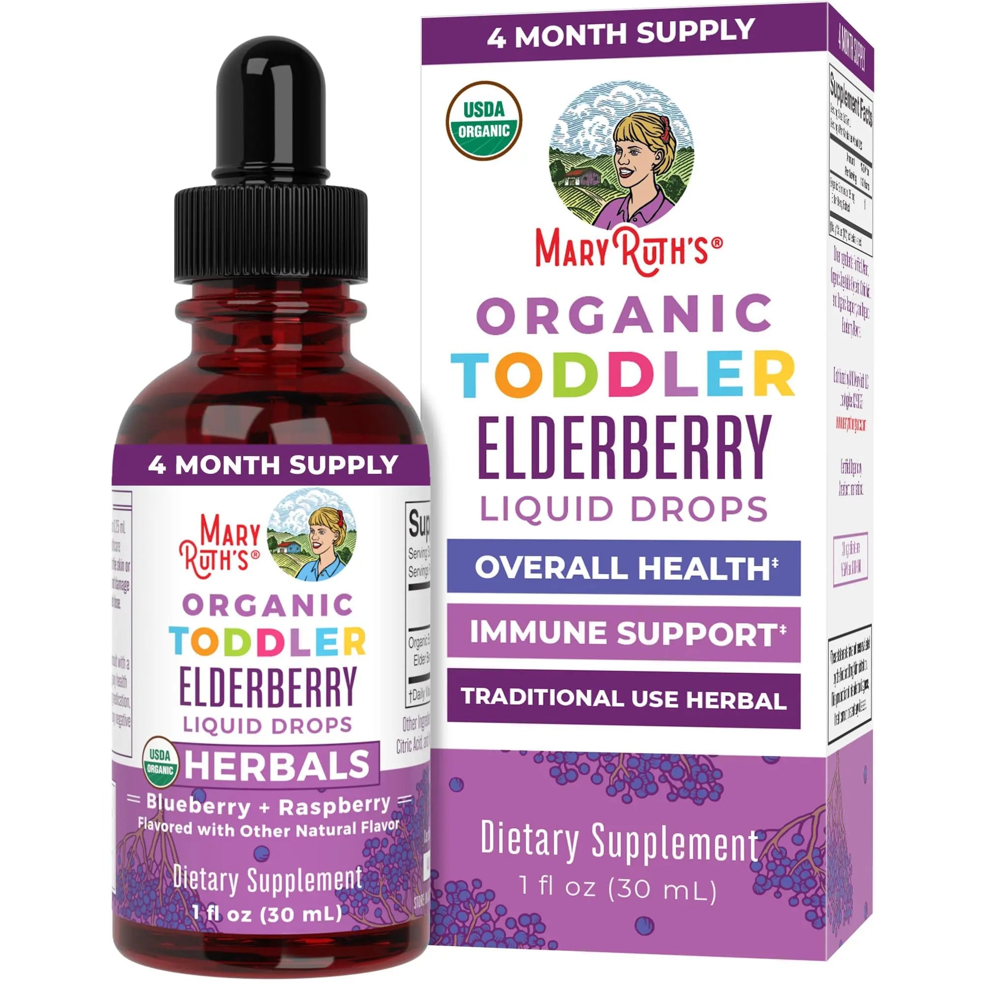 MaryRuth Organics Toddler Elderberry Syrup, USDA Organic Elderberry, Sugar Free Kids Immune Support Supplement for Ages 1-3 Years, Clean Label Project Verified®, Vegan, Non-GMO, Gluten Free, 1 Fl Oz - TrustMedUSA