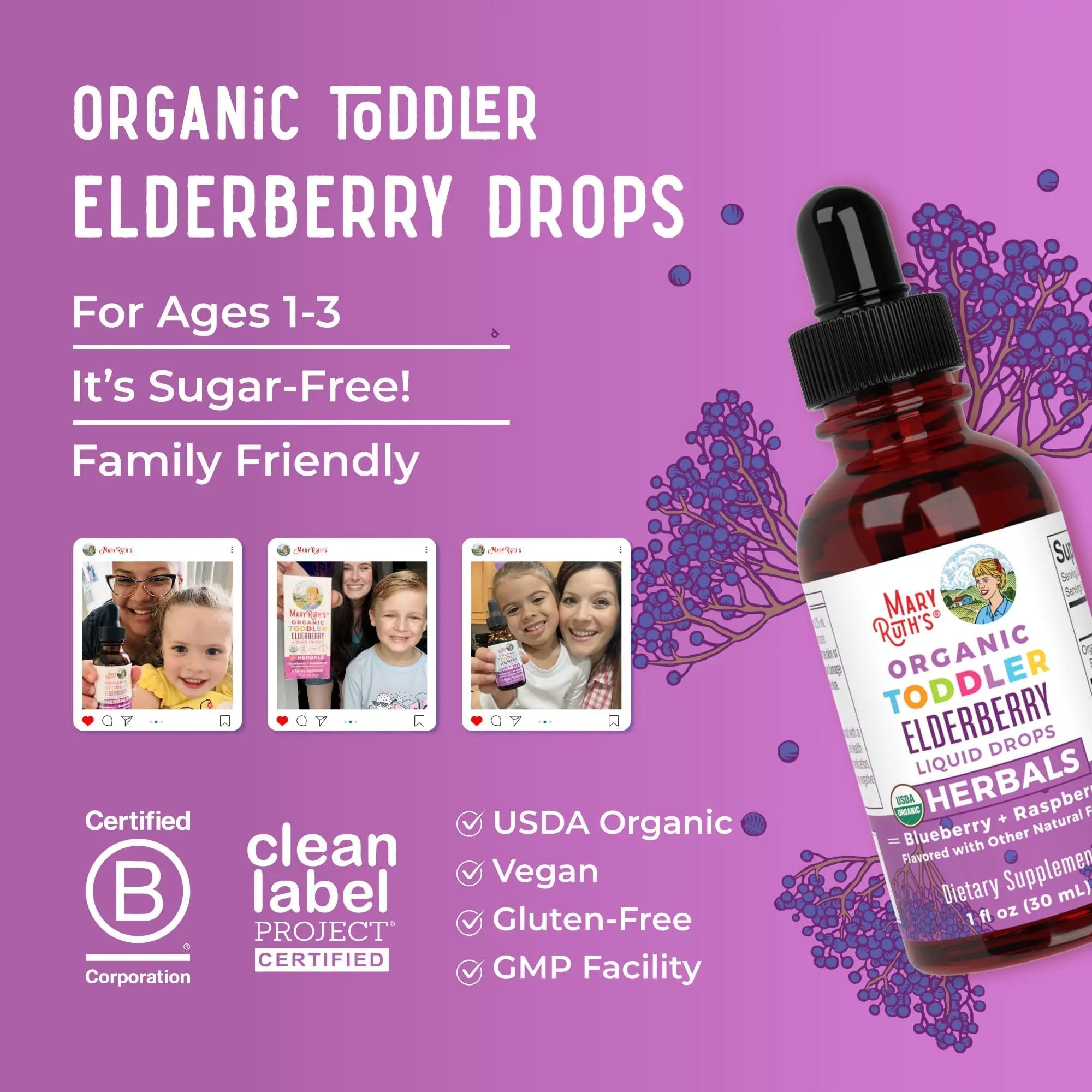 MaryRuth Organics Toddler Elderberry Syrup, USDA Organic Elderberry, Sugar Free Kids Immune Support Supplement for Ages 1-3 Years, Clean Label Project Verified®, Vegan, Non-GMO, Gluten Free, 1 Fl Oz - TrustMedUSA