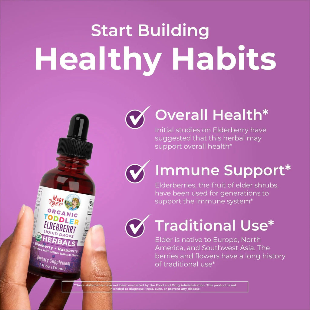MaryRuth Organics Toddler Elderberry Syrup, USDA Organic Elderberry, Sugar Free Kids Immune Support Supplement for Ages 1-3 Years, Clean Label Project Verified®, Vegan, Non-GMO, Gluten Free, 1 Fl Oz - TrustMedUSA