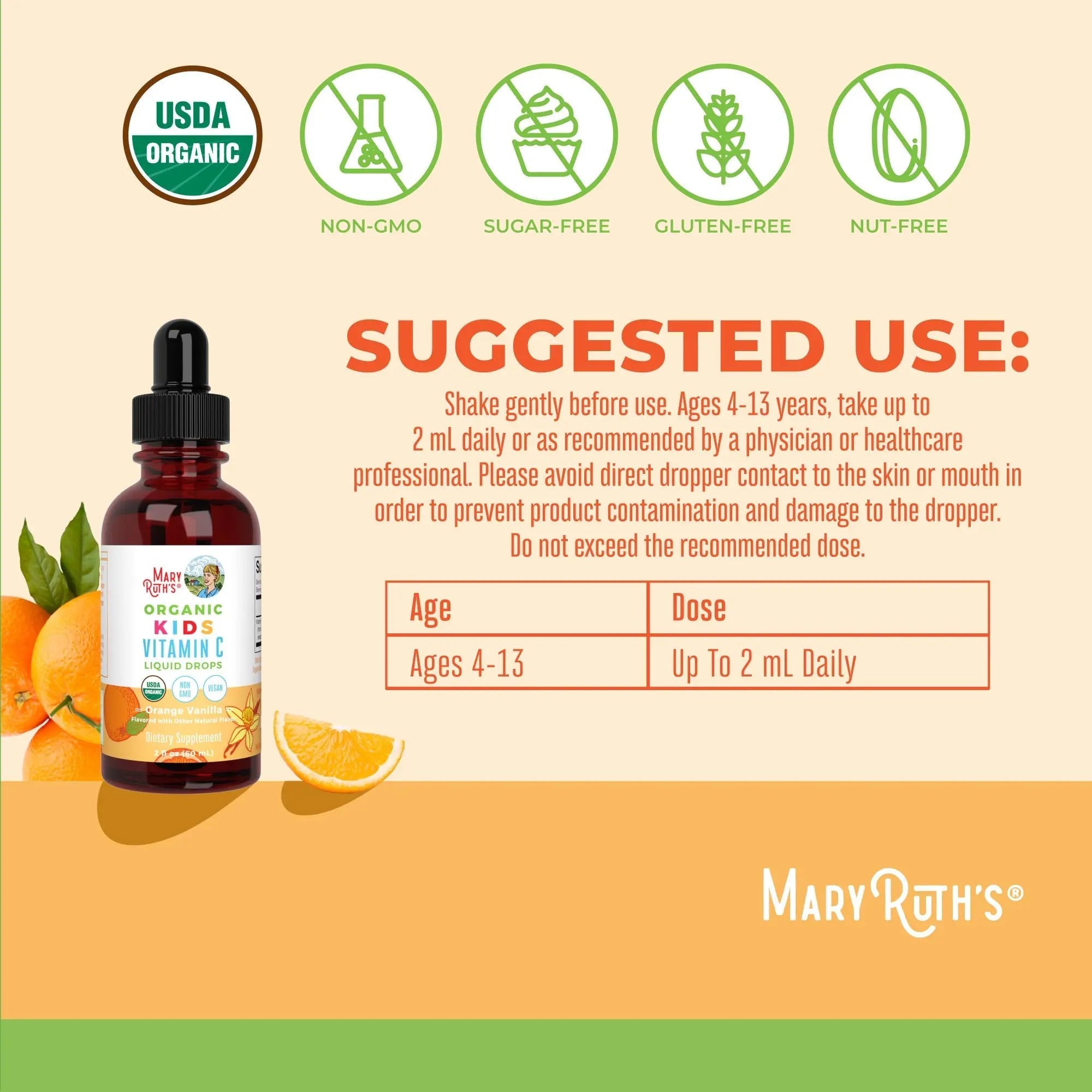 MaryRuth Organics USDA Kids Vitamin C Drops | Vegan Immune Support Supplement for Ages 4-13 | Immune Support & Overall Health | Vitamin C from Organic Acerola Fruit Extract | 2oz - TrustMedUSA