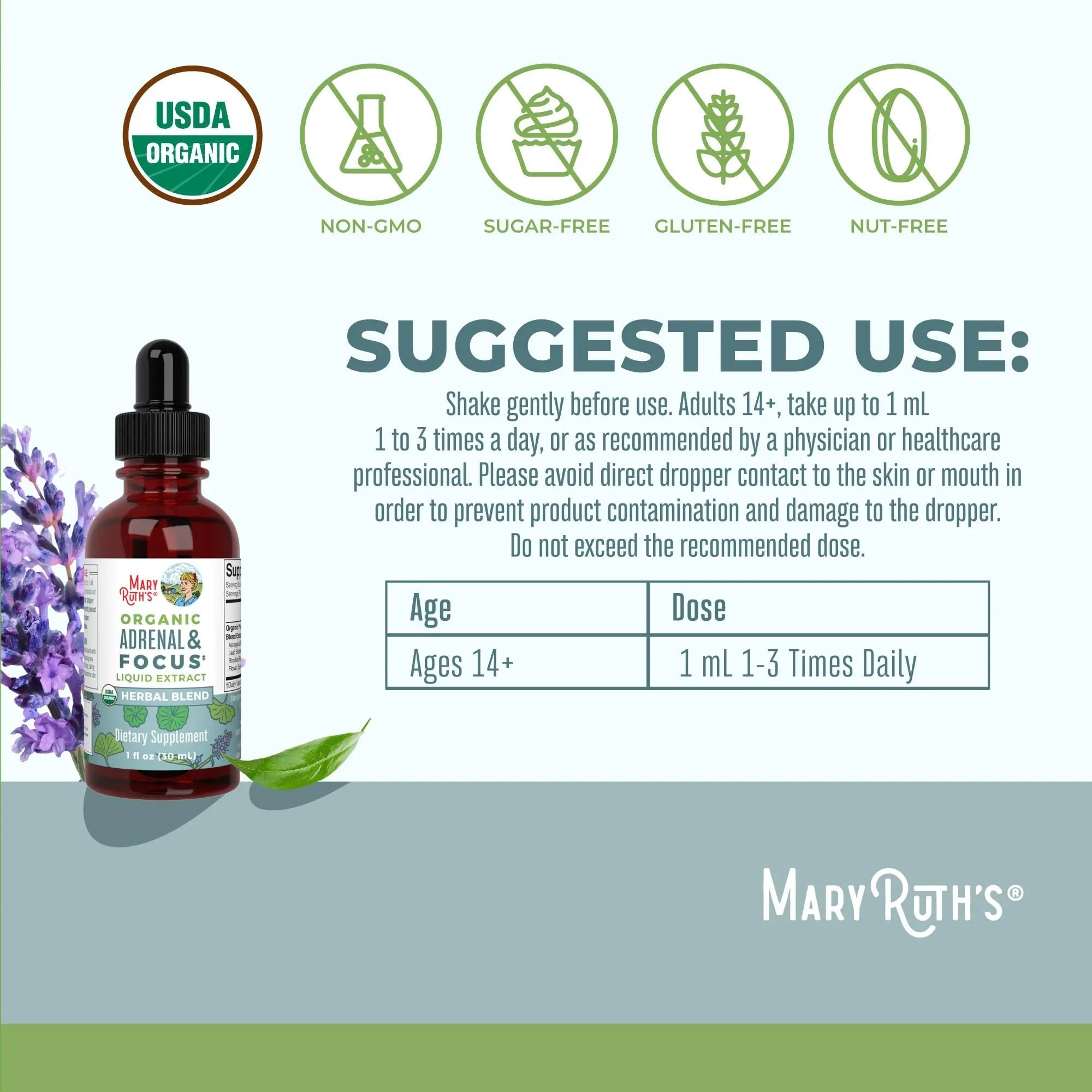 MaryRuth Organics - USDA Organic Brain Nootropic Supplement for Adults with Ginkgo Biloba & Astragalus | Focus & Adrenal Support | Brain & Memory Drops | Vegan | Non-GMO | Gluten Free | 30 Servings - TrustMedUSA