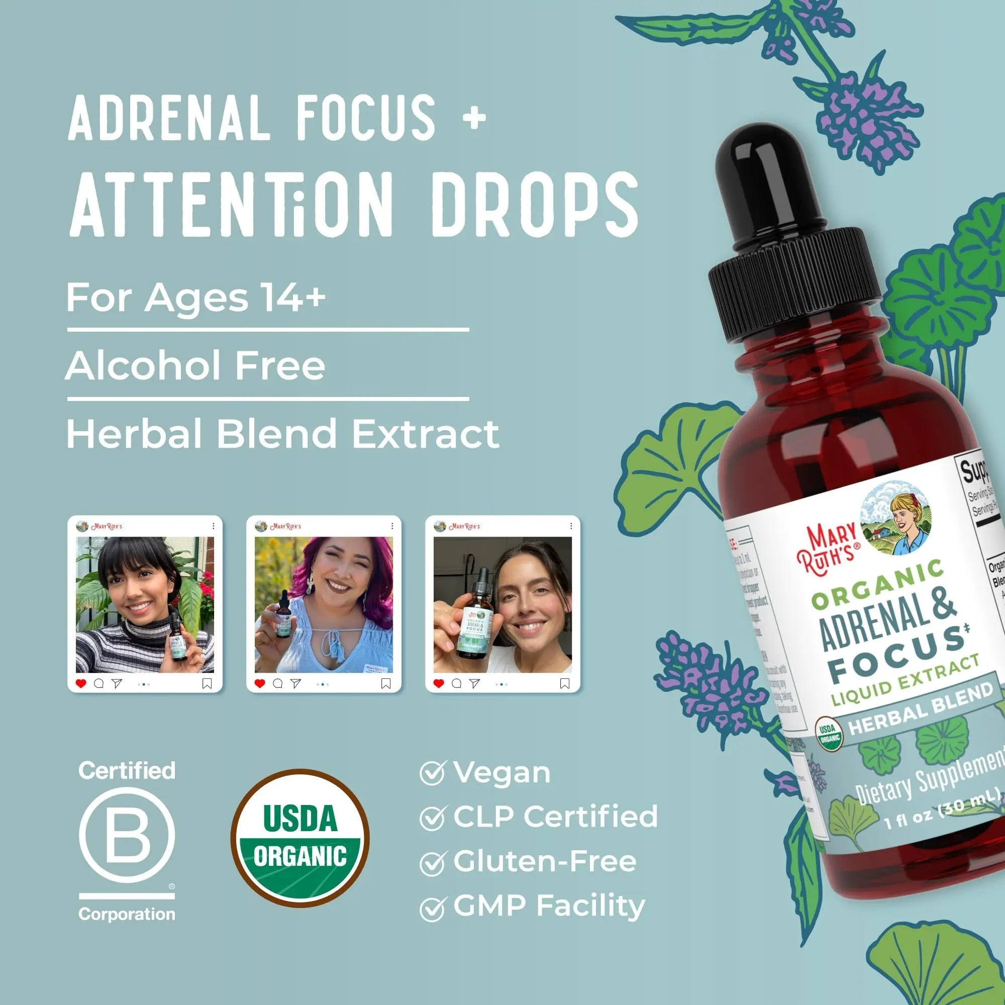MaryRuth Organics - USDA Organic Brain Nootropic Supplement for Adults with Ginkgo Biloba & Astragalus | Focus & Adrenal Support | Brain & Memory Drops | Vegan | Non-GMO | Gluten Free | 30 Servings - TrustMedUSA