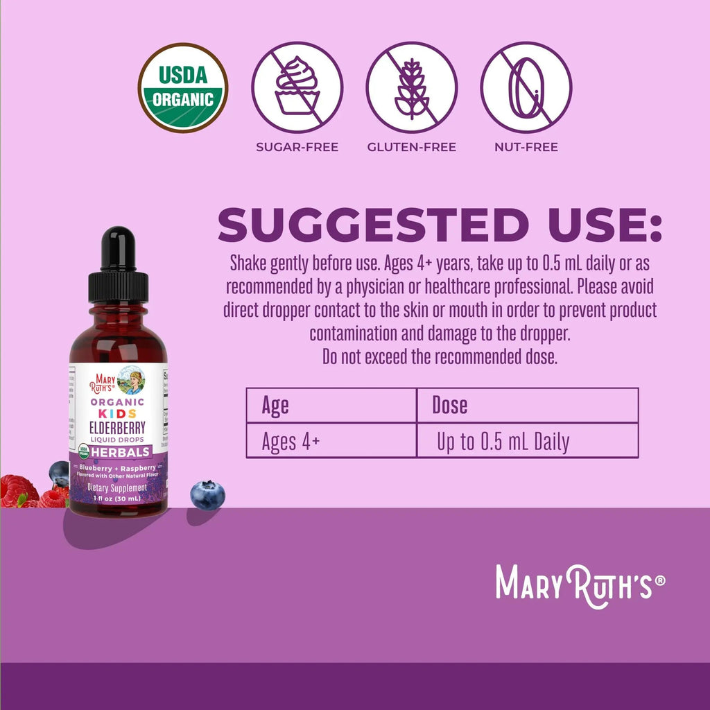 MaryRuth Organics USDA Organic Elderberry Liquid Drops for Kids | Vegan Elderberry Extract Organic Glycerin | Immune Support Supplement | Overall Health | Formulated for Ages 4-13 | 1oz - TrustMedUSA
