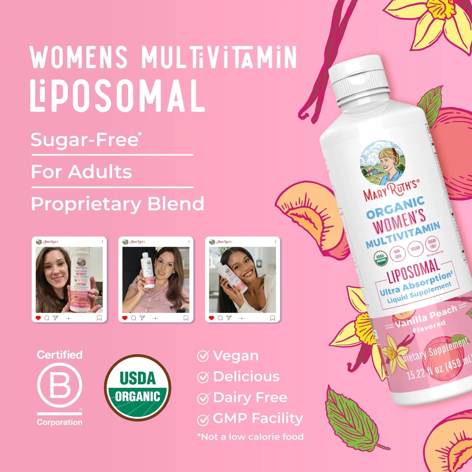 MaryRuth Organics USDA Organic Multivitamin for Women, Sugar Free Womens Multivitamin, Liquid Vitamins for Women, Immune Support Supplement, Ashwagandha, Methylfolate, Vegan, Non-GMO, 15.22 Fl Oz - TrustMedUSA