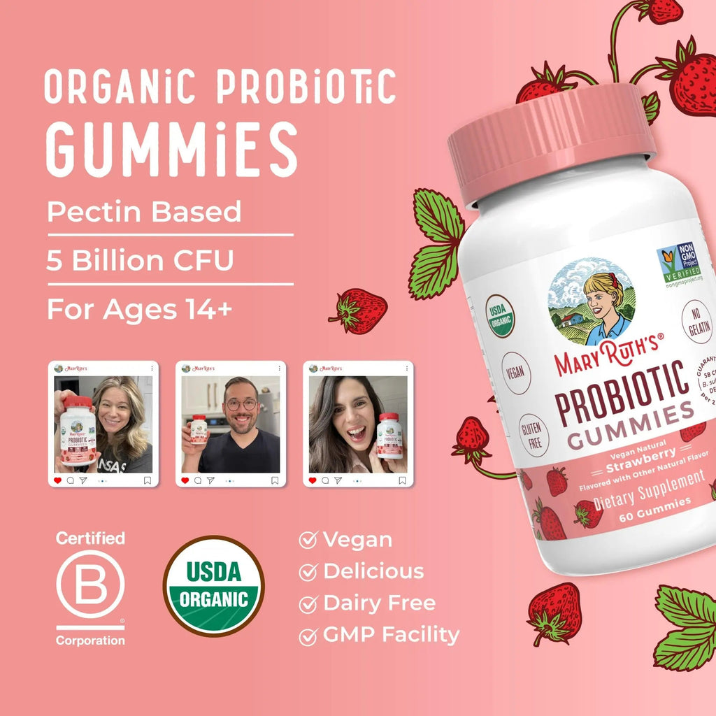 MaryRuth Organics USDA Organic Probiotic Gummies |Probiotics forWomen & Men Digestive Health & Gut Comfort Supplement 5 Billion CFU | Immune & Digestive Support | Vegan | Non-GMO | 60 Count - TrustMedUSA