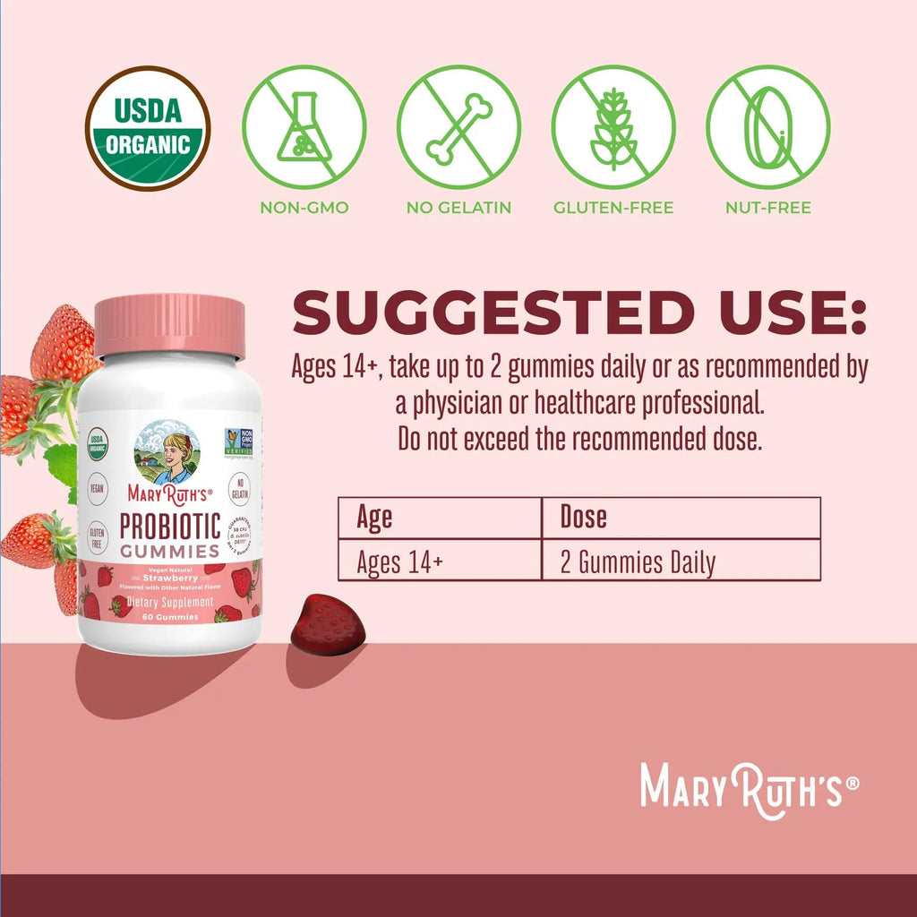 MaryRuth Organics USDA Organic Probiotic Gummies |Probiotics forWomen & Men Digestive Health & Gut Comfort Supplement 5 Billion CFU | Immune & Digestive Support | Vegan | Non-GMO | 60 Count - TrustMedUSA