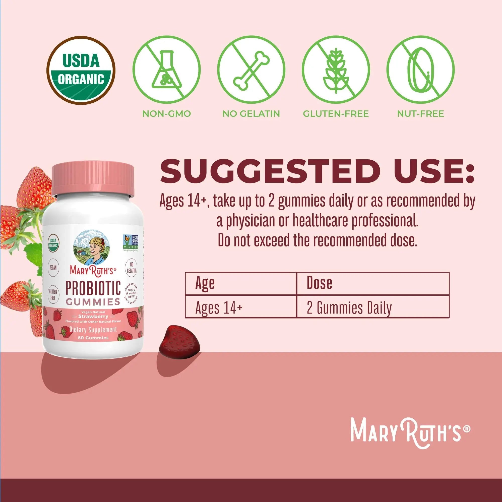 MaryRuth Organics USDA Organic Probiotic Gummies |Probiotics forWomen & Men Digestive Health & Gut Comfort Supplement 5 Billion CFU | Immune & Digestive Support | Vegan | Non-GMO | 60 Count - TrustMedUSA