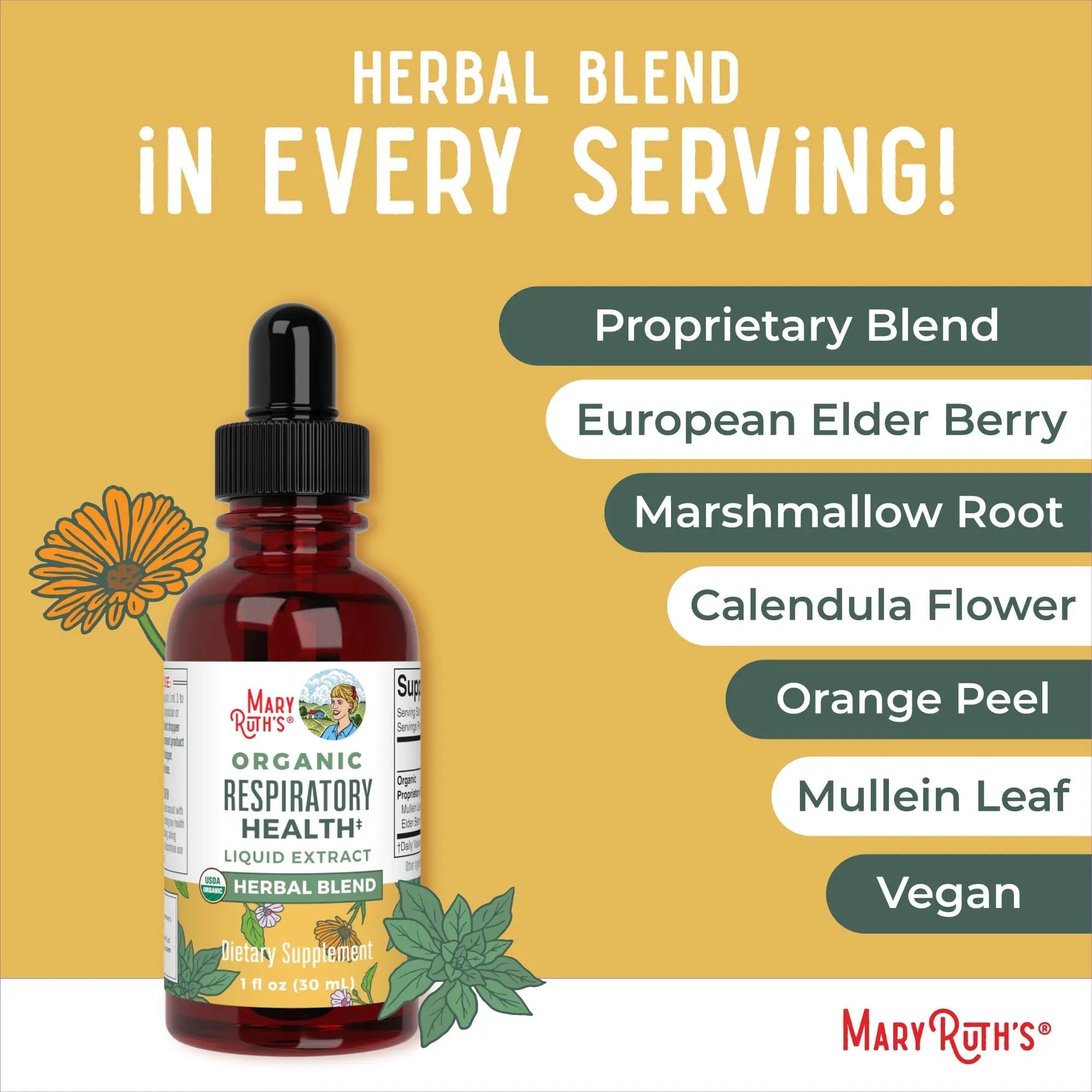 MaryRuth Organics USDA Organic Respiratory Health Liquid Drops with Mullein Leaf | Marshmallow Root & Elderberry | Mullein Drops for Lungs Herbal Blend | Immune Support Supplement | Vegan | 1 Fl Oz - TrustMedUSA