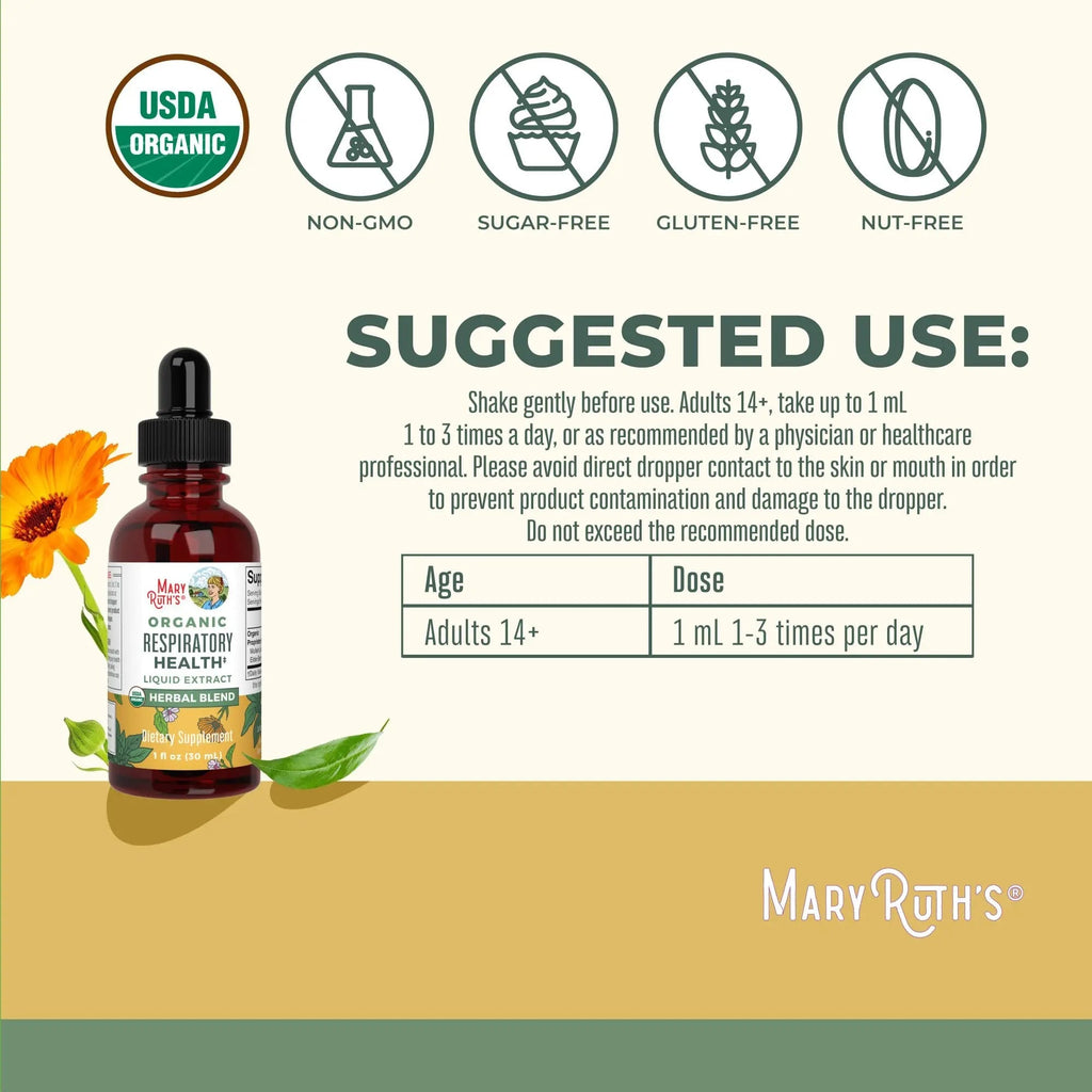 MaryRuth Organics USDA Organic Respiratory Health Liquid Drops with Mullein Leaf | Marshmallow Root & Elderberry | Mullein Drops for Lungs Herbal Blend | Immune Support Supplement | Vegan | 1 Fl Oz - TrustMedUSA