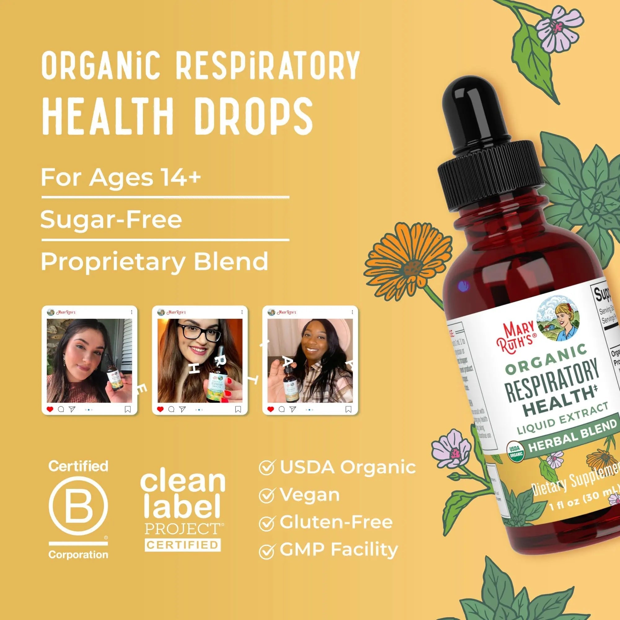 MaryRuth Organics USDA Organic Respiratory Health Liquid Drops with Mullein Leaf | Marshmallow Root & Elderberry | Mullein Drops for Lungs Herbal Blend | Immune Support Supplement | Vegan | 1 Fl Oz - TrustMedUSA