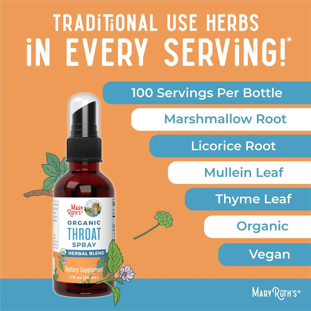 MaryRuth Organics USDA Organic Throat Spray with Mullein Leaf | Marshmallow Root & Licorice Root & Thyme Leaf | 4 Herbal Blend | Non-GMO | Vegan | Gluten Free | 1 Fl Oz | Up to 100 Servings - TrustMedUSA