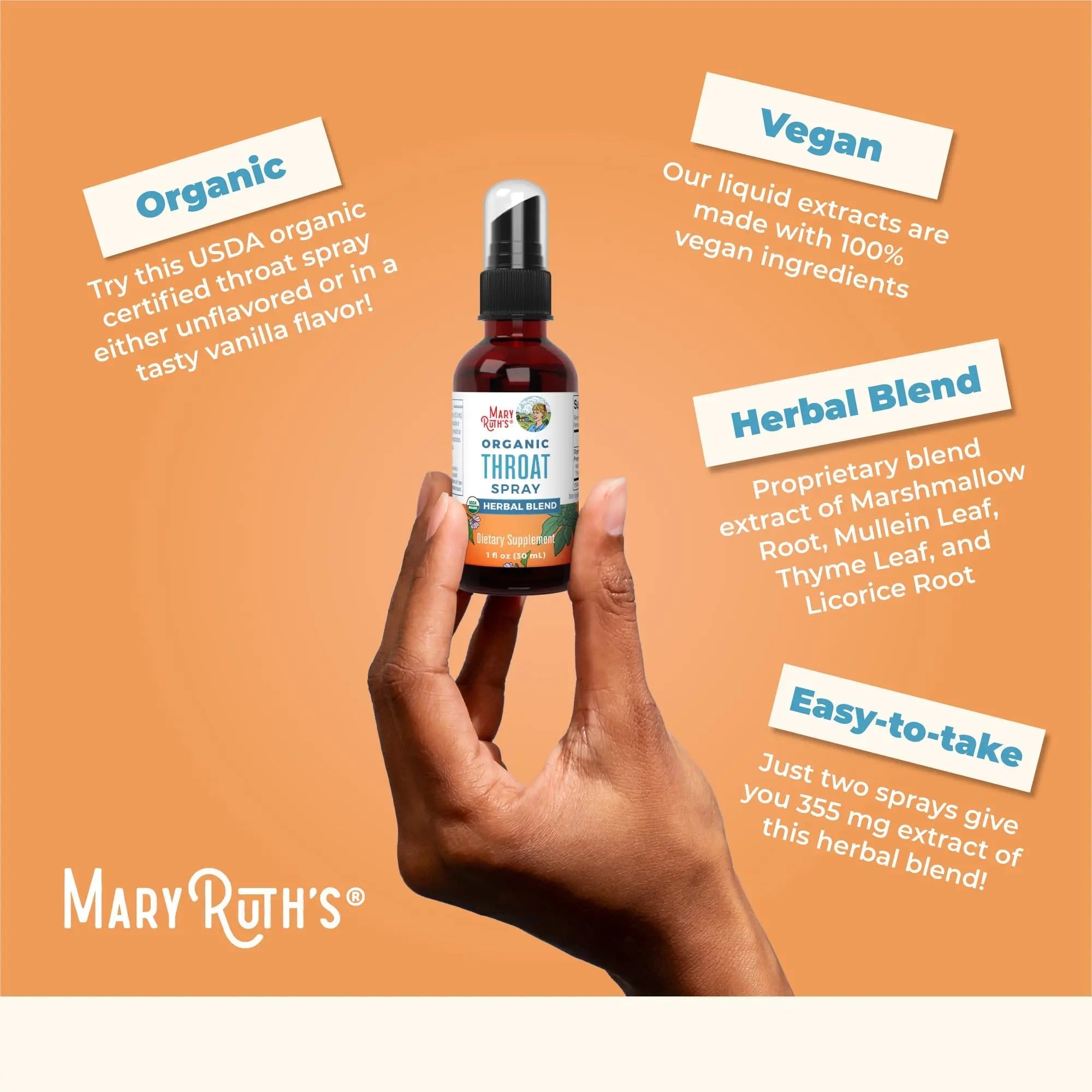 MaryRuth Organics USDA Organic Throat Spray with Mullein Leaf | Marshmallow Root & Licorice Root & Thyme Leaf | 4 Herbal Blend | Non-GMO | Vegan | Gluten Free | 1 Fl Oz | Up to 100 Servings - TrustMedUSA