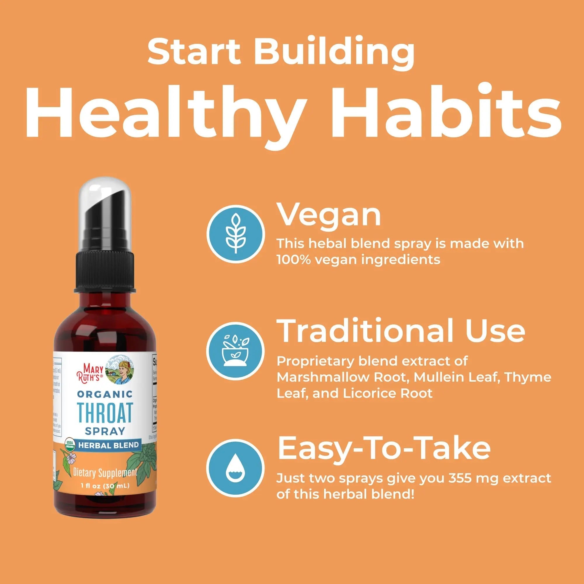 MaryRuth Organics USDA Organic Throat Spray with Mullein Leaf | Marshmallow Root & Licorice Root & Thyme Leaf | 4 Herbal Blend | Non-GMO | Vegan | Gluten Free | 1 Fl Oz | Up to 100 Servings - TrustMedUSA