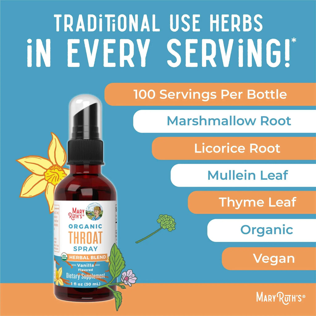 MaryRuth Organics USDA Organic Throat Spray with Mullein Leaf | Marshmallow Root & Licorice Root & Thyme Leaf | Vanilla | 4 Herbal Blend | Non-GMO | Vegan | Gluten Free | 1 Fl Oz | Up to 100 Servings - TrustMedUSA