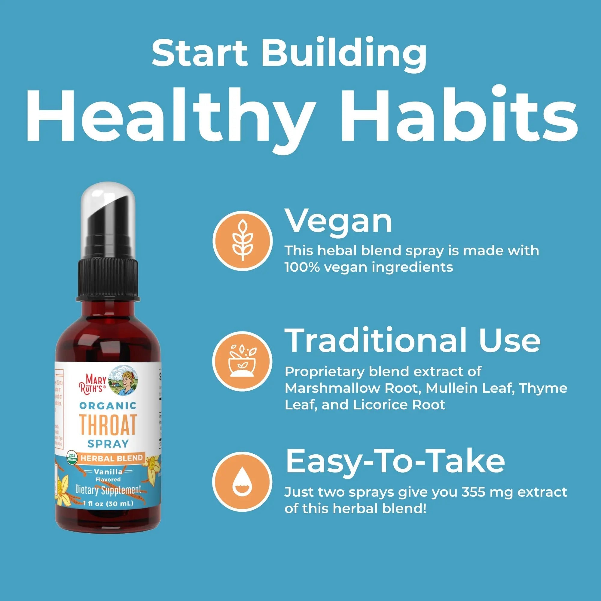 MaryRuth Organics USDA Organic Throat Spray with Mullein Leaf | Marshmallow Root & Licorice Root & Thyme Leaf | Vanilla | 4 Herbal Blend | Non-GMO | Vegan | Gluten Free | 1 Fl Oz | Up to 100 Servings - TrustMedUSA