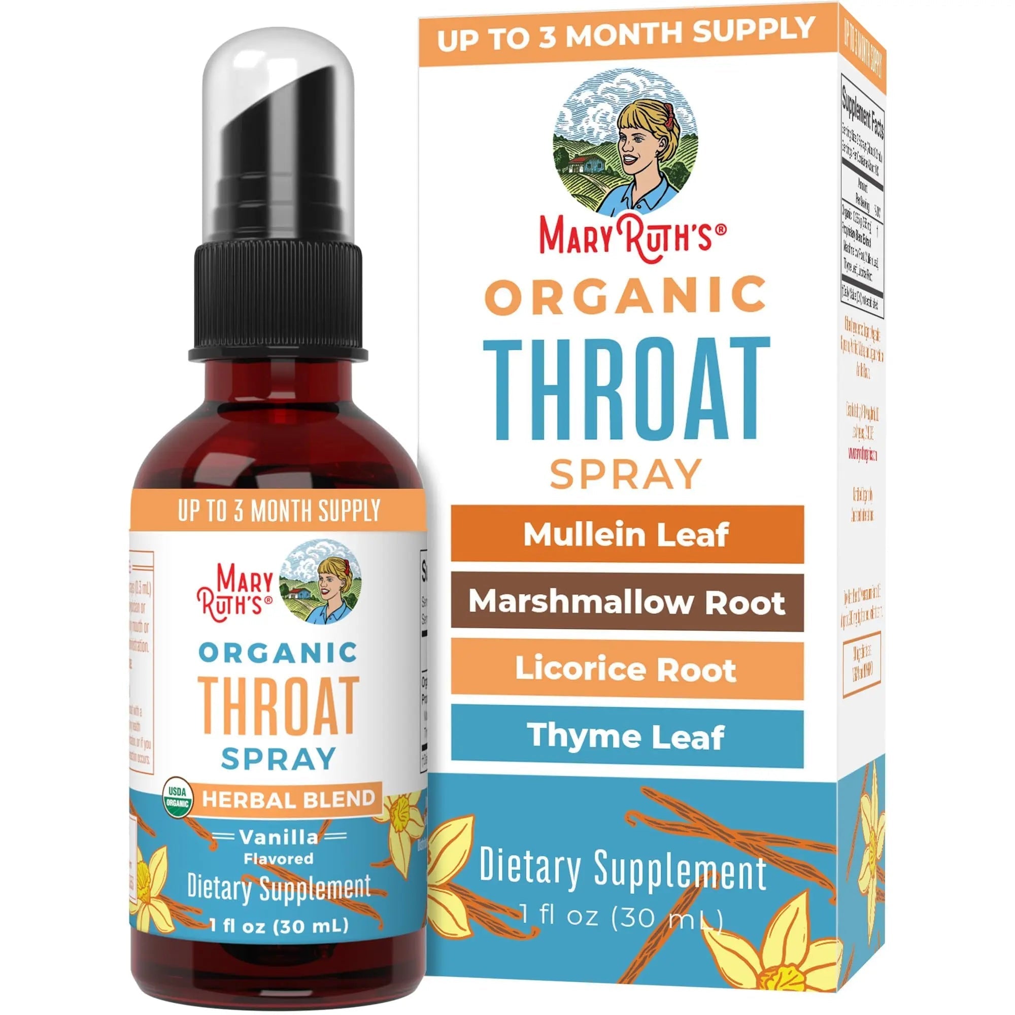 MaryRuth Organics USDA Organic Throat Spray with Mullein Leaf | Marshmallow Root & Licorice Root & Thyme Leaf | Vanilla | 4 Herbal Blend | Non-GMO | Vegan | Gluten Free | 1 Fl Oz | Up to 100 Servings - TrustMedUSA