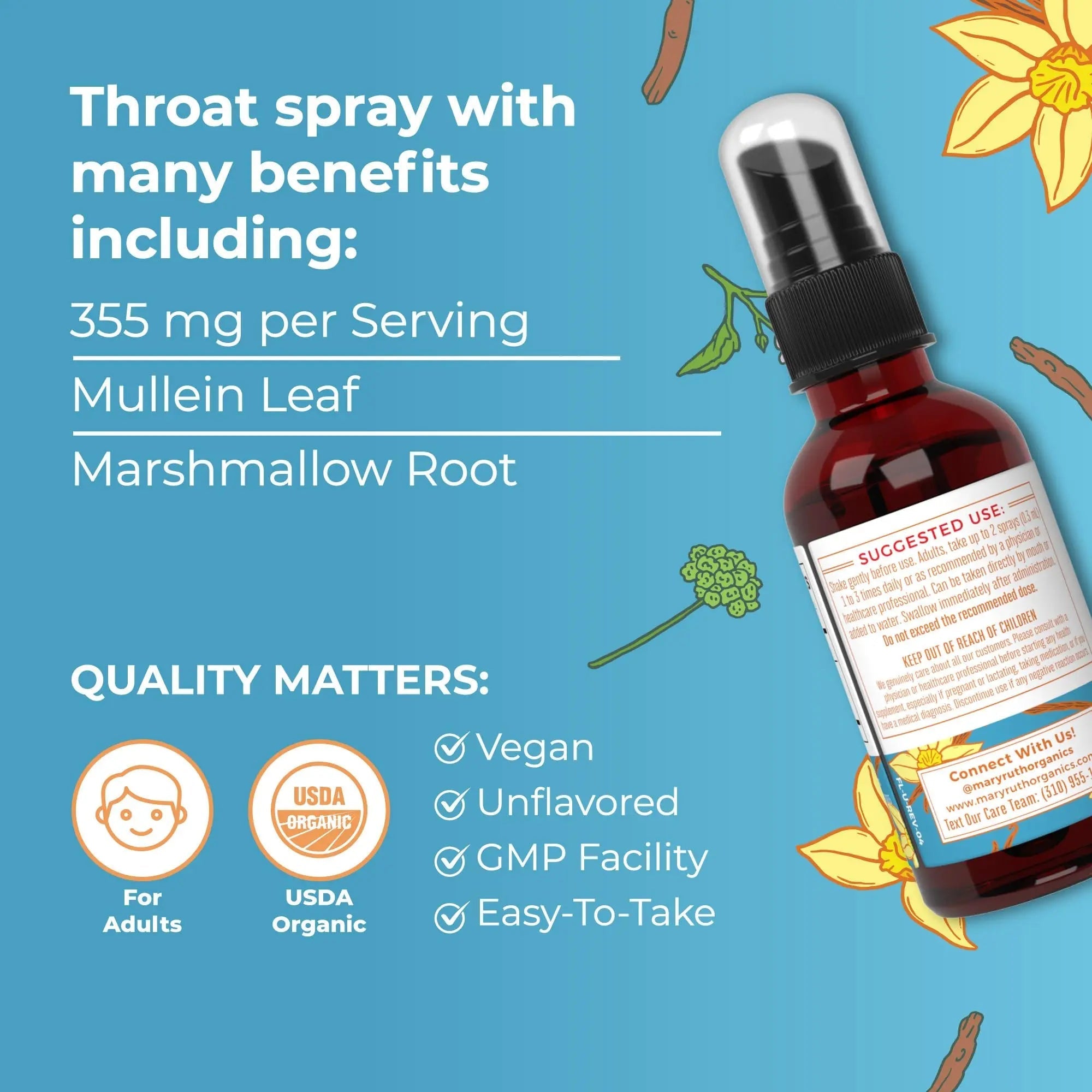 MaryRuth Organics USDA Organic Throat Spray with Mullein Leaf | Marshmallow Root & Licorice Root & Thyme Leaf | Vanilla | 4 Herbal Blend | Non-GMO | Vegan | Gluten Free | 1 Fl Oz | Up to 100 Servings - TrustMedUSA