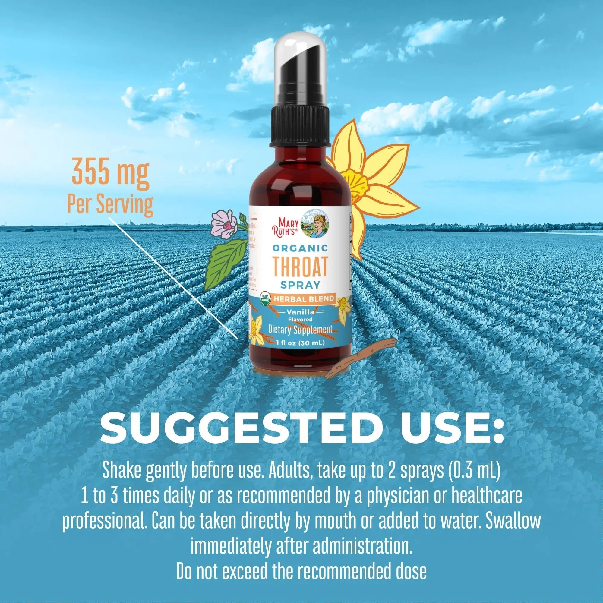 MaryRuth Organics USDA Organic Throat Spray with Mullein Leaf | Marshmallow Root & Licorice Root & Thyme Leaf | Vanilla | 4 Herbal Blend | Non-GMO | Vegan | Gluten Free | 1 Fl Oz | Up to 100 Servings - TrustMedUSA