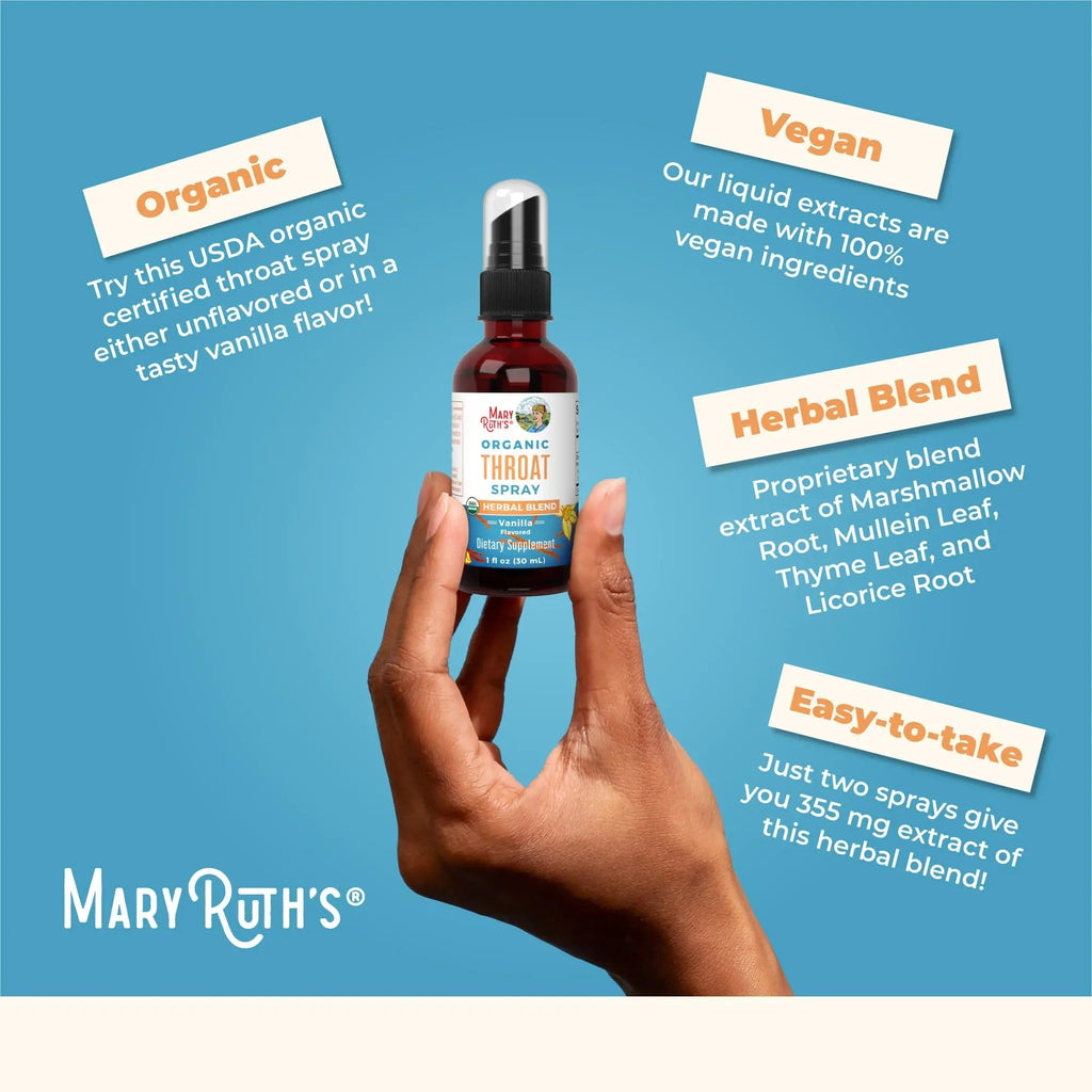 MaryRuth Organics USDA Organic Throat Spray with Mullein Leaf | Marshmallow Root & Licorice Root & Thyme Leaf | Vanilla | 4 Herbal Blend | Non-GMO | Vegan | Gluten Free | 1 Fl Oz | Up to 100 Servings - TrustMedUSA
