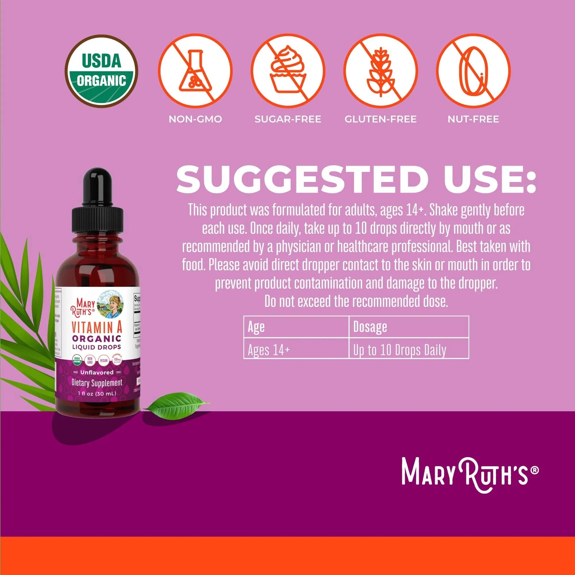 MaryRuth Organics USDA Organic Vitamin A Liquid Drops | 3 Month Supply | Bone Health for Ages 14+ | Essential Vitamin | 750mcg per Serving | Sugar Free | Vegan | Non-GMO | Gluten Free | 1oz - TrustMedUSA