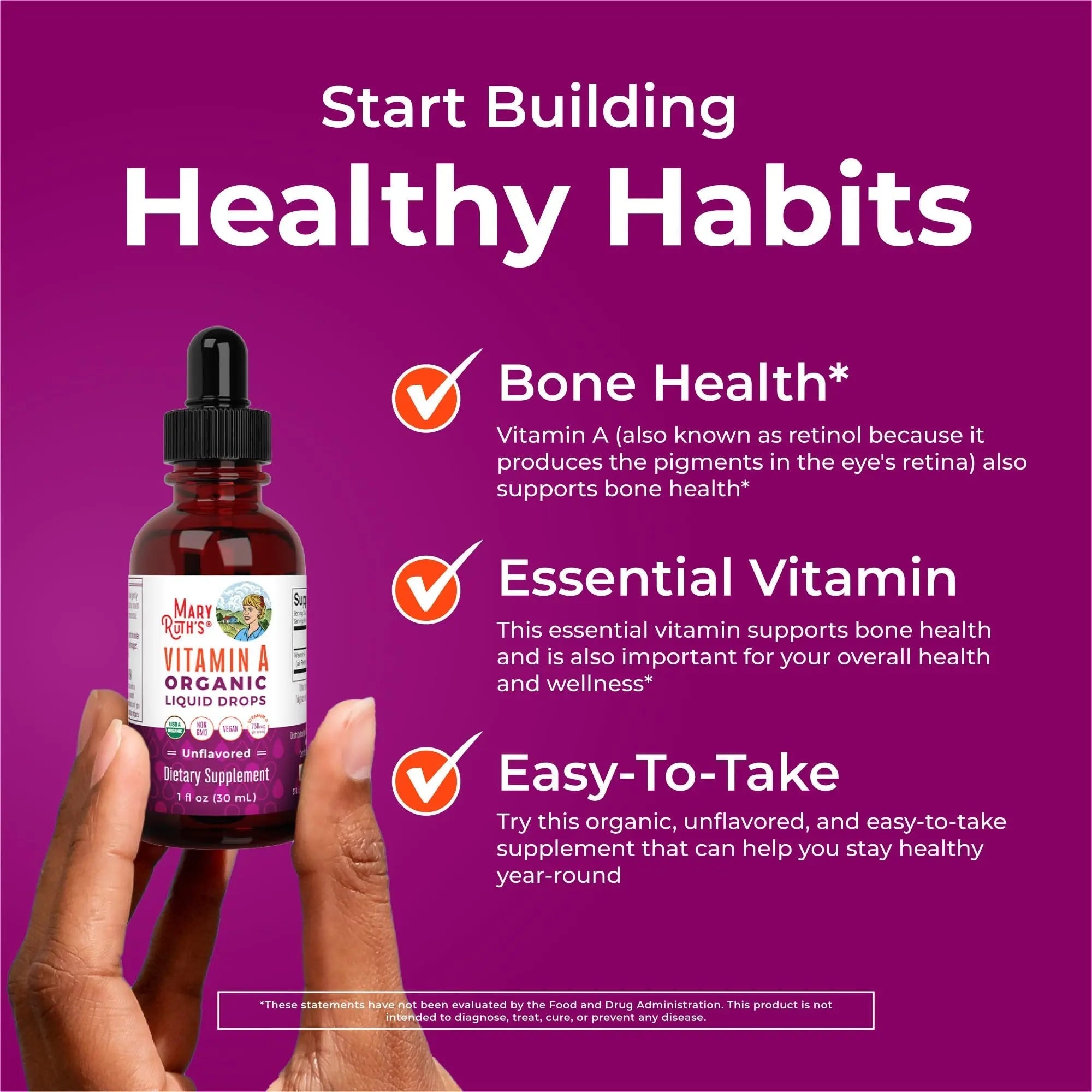 MaryRuth Organics USDA Organic Vitamin A Liquid Drops | 3 Month Supply | Bone Health for Ages 14+ | Essential Vitamin | 750mcg per Serving | Sugar Free | Vegan | Non-GMO | Gluten Free | 1oz - TrustMedUSA