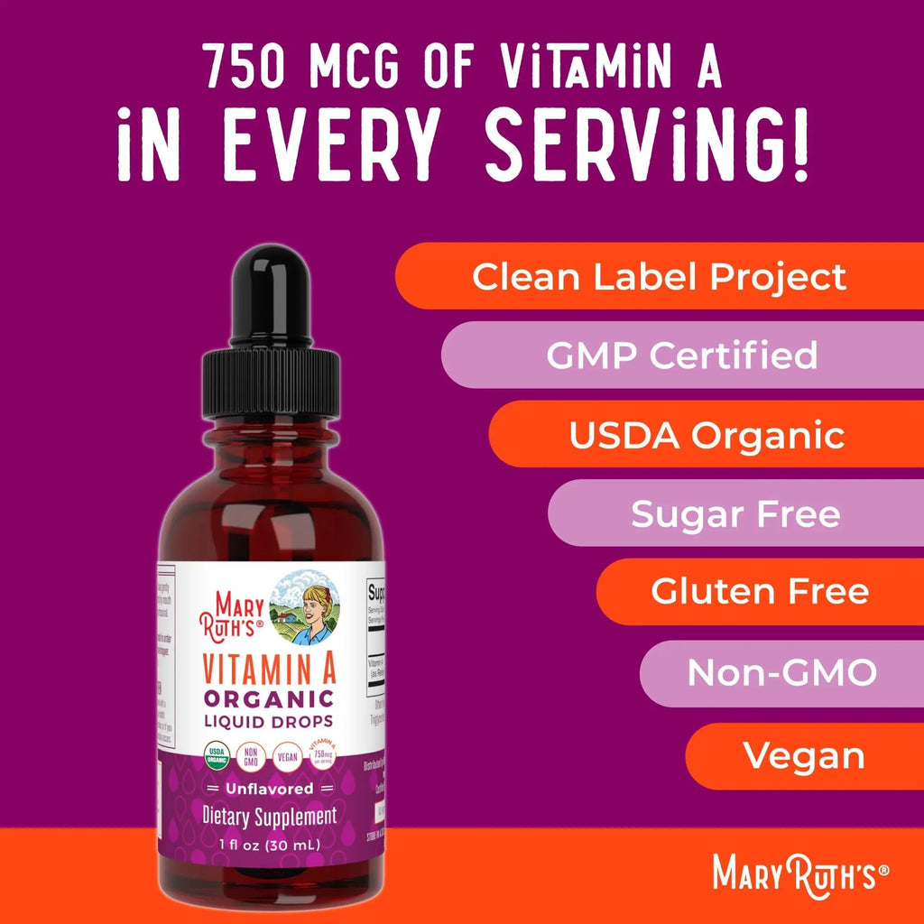 MaryRuth Organics USDA Organic Vitamin A Liquid Drops | 3 Month Supply | Bone Health for Ages 14+ | Essential Vitamin | 750mcg per Serving | Sugar Free | Vegan | Non-GMO | Gluten Free | 1oz - TrustMedUSA