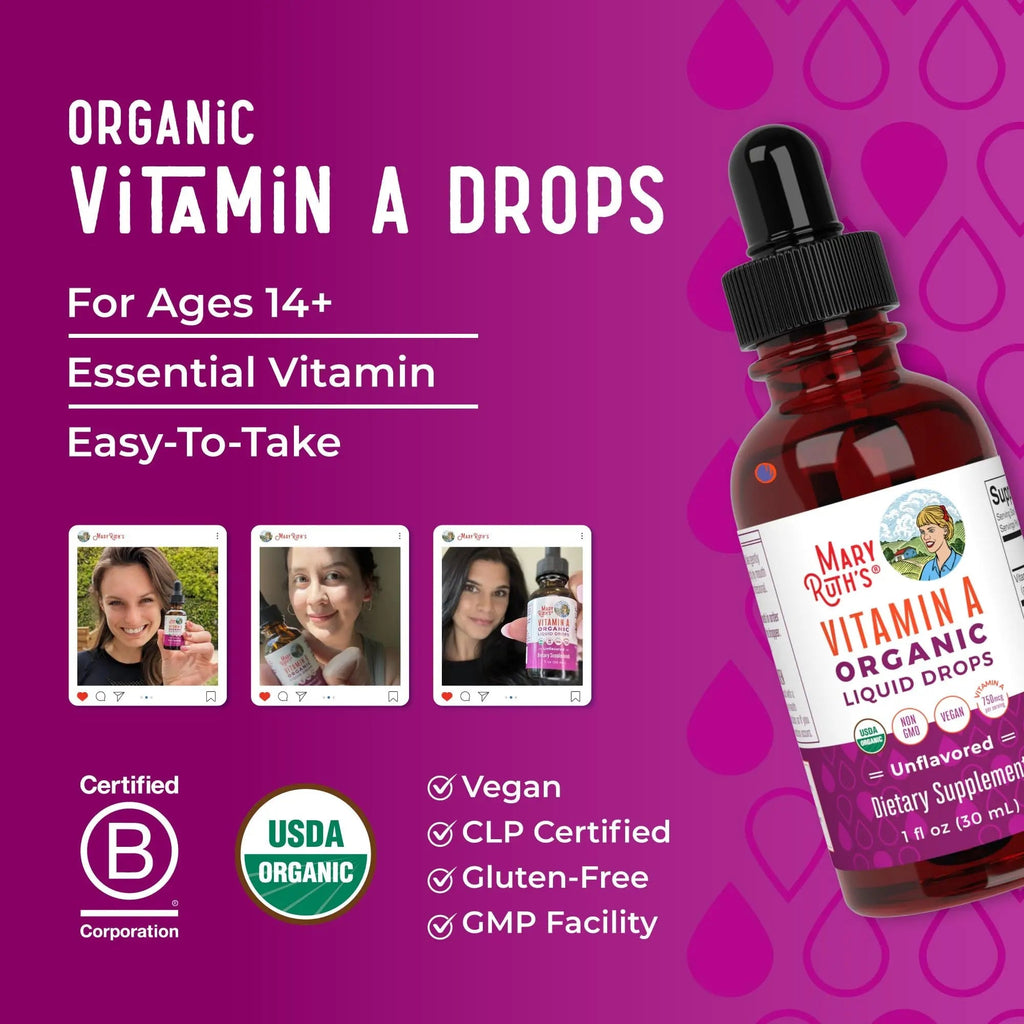 MaryRuth Organics USDA Organic Vitamin A Liquid Drops | 3 Month Supply | Bone Health for Ages 14+ | Essential Vitamin | 750mcg per Serving | Sugar Free | Vegan | Non-GMO | Gluten Free | 1oz - TrustMedUSA