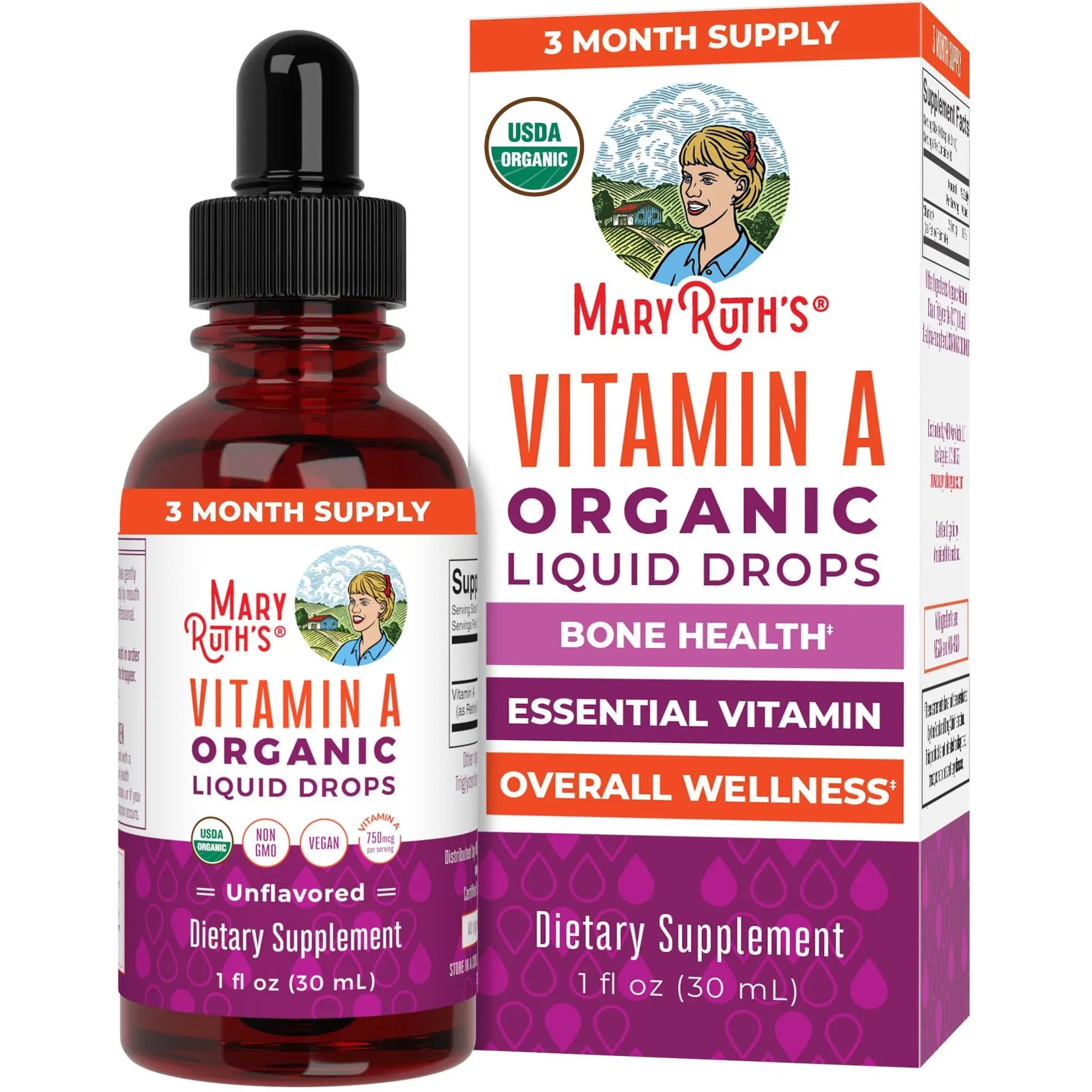 MaryRuth Organics USDA Organic Vitamin A Liquid Drops | 3 Month Supply | Bone Health for Ages 14+ | Essential Vitamin | 750mcg per Serving | Sugar Free | Vegan | Non-GMO | Gluten Free | 1oz - TrustMedUSA