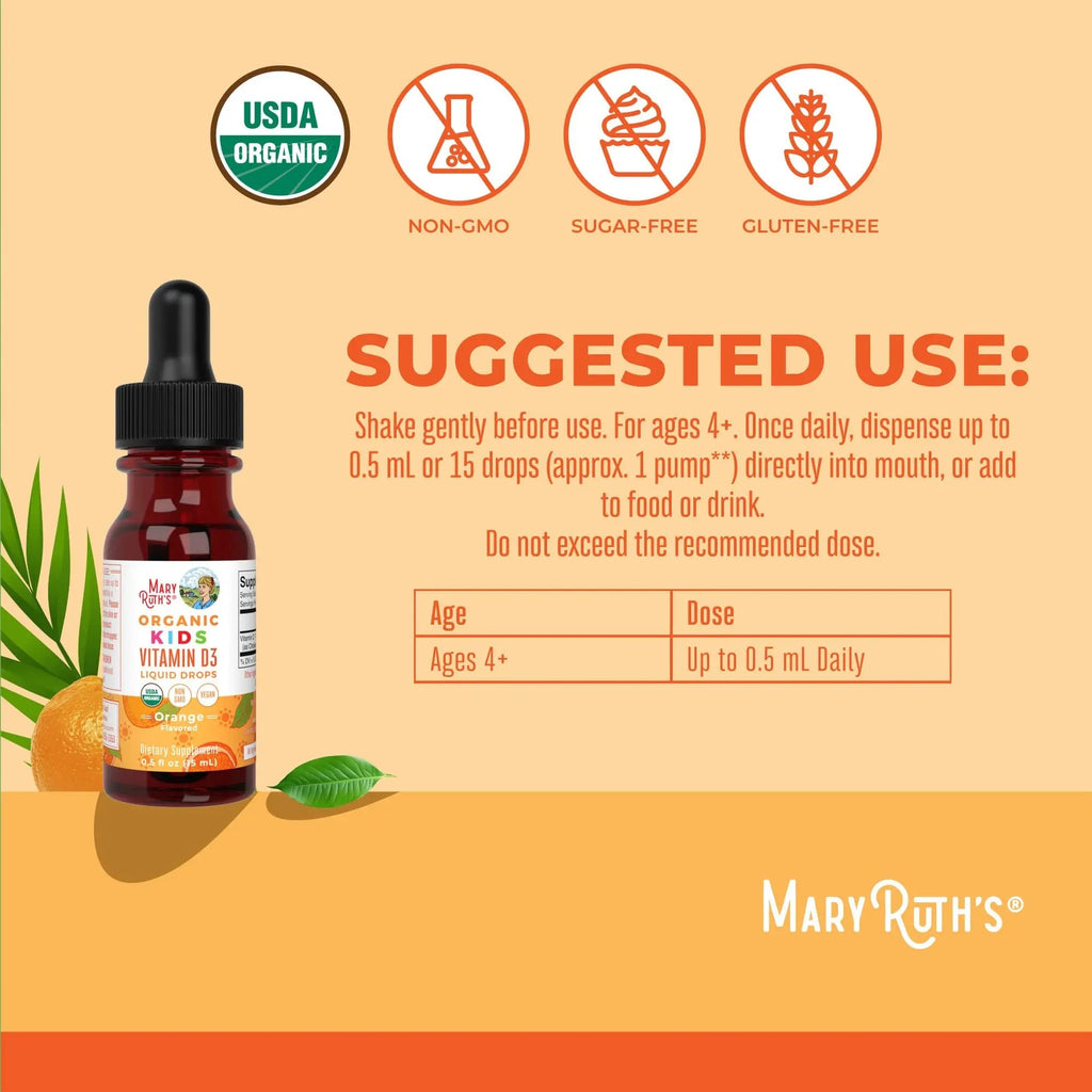MaryRuth Organics USDA Organic Vitamin D3 Liquid Drops for Kids | 640 IU Vitamin D3 Per Serving | Kids Immune Support & Bone Health Supplement | Formulated for Ages 4-13 | 0.5oz | 30 Servings - TrustMedUSA