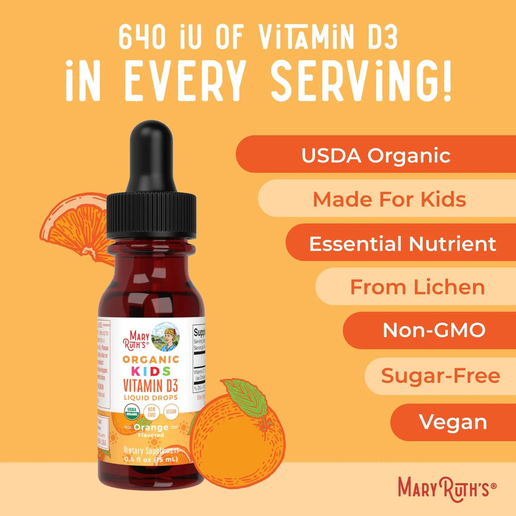 MaryRuth Organics USDA Organic Vitamin D3 Liquid Drops for Kids | 640 IU Vitamin D3 Per Serving | Kids Immune Support & Bone Health Supplement | Formulated for Ages 4-13 | 0.5oz | 30 Servings - TrustMedUSA