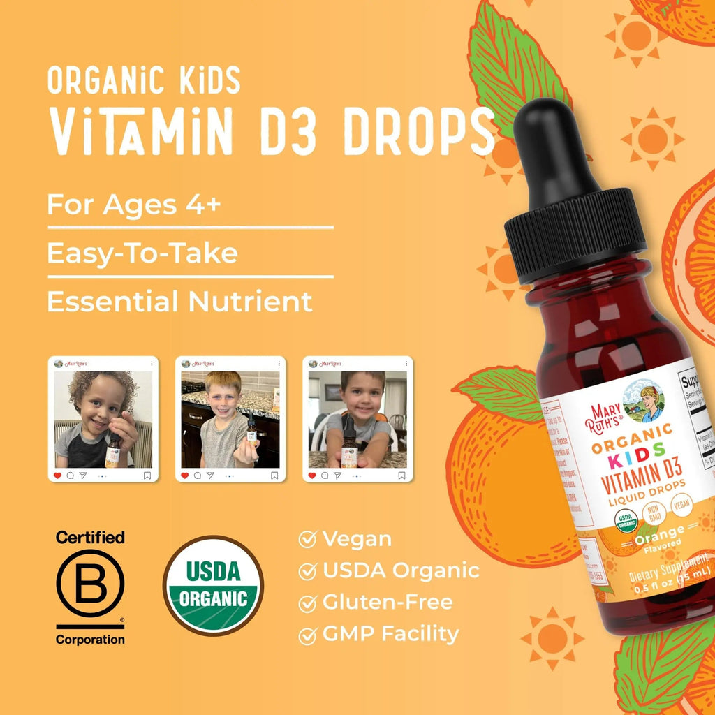 MaryRuth Organics USDA Organic Vitamin D3 Liquid Drops for Kids | 640 IU Vitamin D3 Per Serving | Kids Immune Support & Bone Health Supplement | Formulated for Ages 4-13 | 0.5oz | 30 Servings - TrustMedUSA