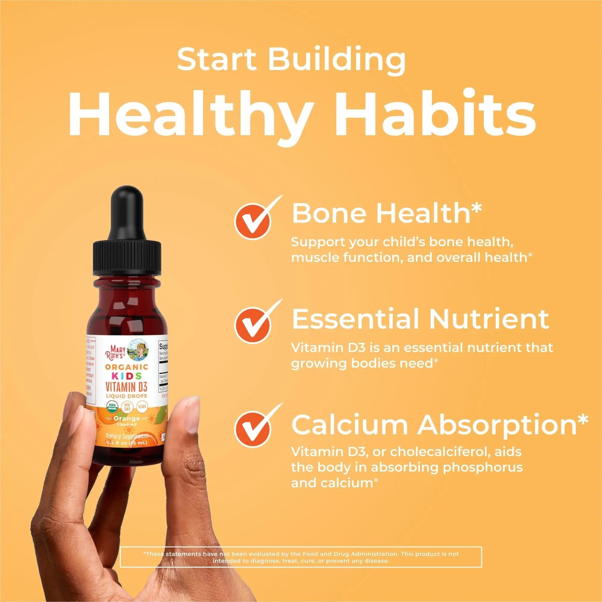 MaryRuth Organics USDA Organic Vitamin D3 Liquid Drops for Kids | 640 IU Vitamin D3 Per Serving | Kids Immune Support & Bone Health Supplement | Formulated for Ages 4-13 | 0.5oz | 30 Servings - TrustMedUSA