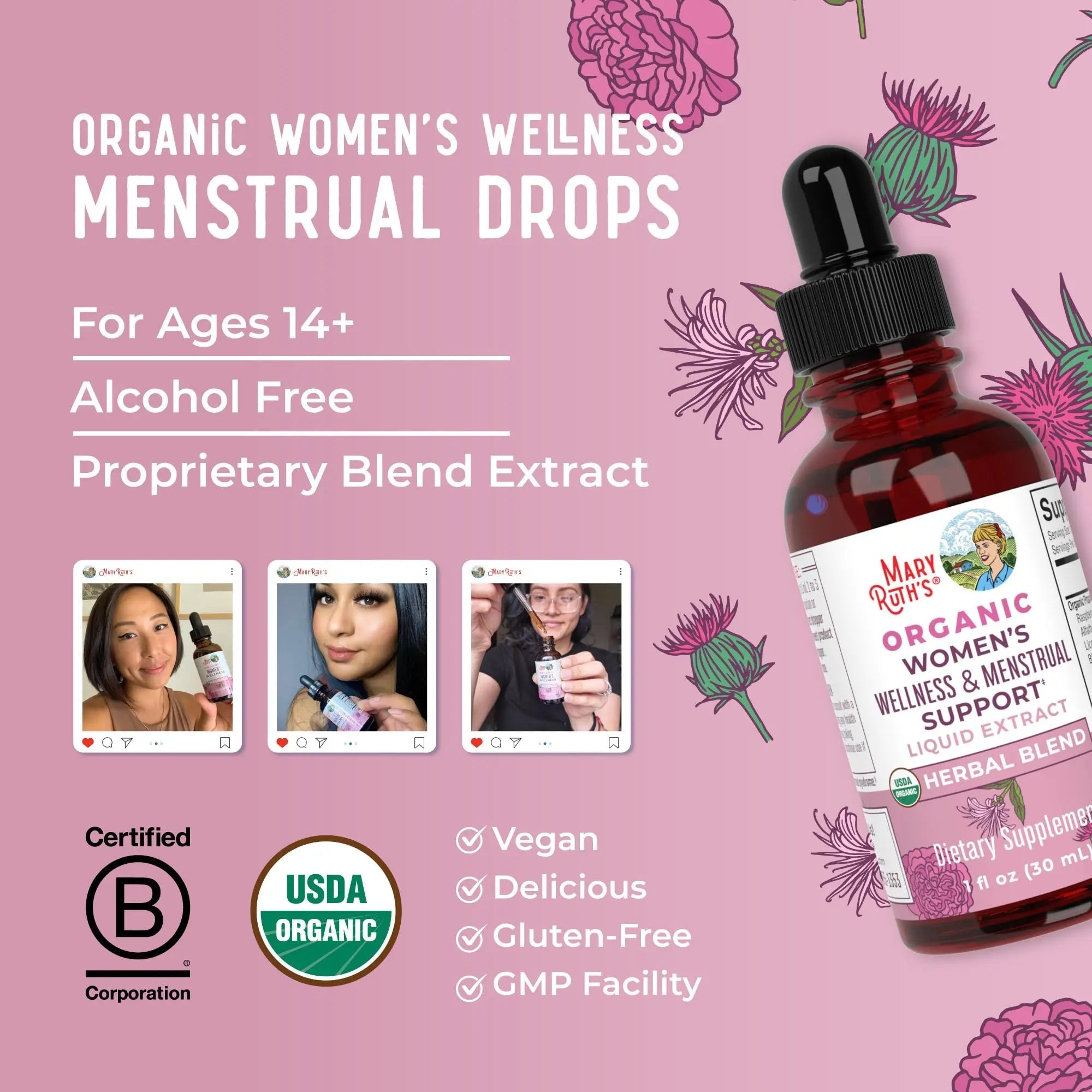 MaryRuth Organics USDA Organic Women's Wellness Liquid Herbal Supplements | Includes Stinging Nettle, Raspberry Leaf, Eleuthero Root, Chaste Tree Berry | Menstrual Support | Non-GMO, Vegan - TrustMedUSA