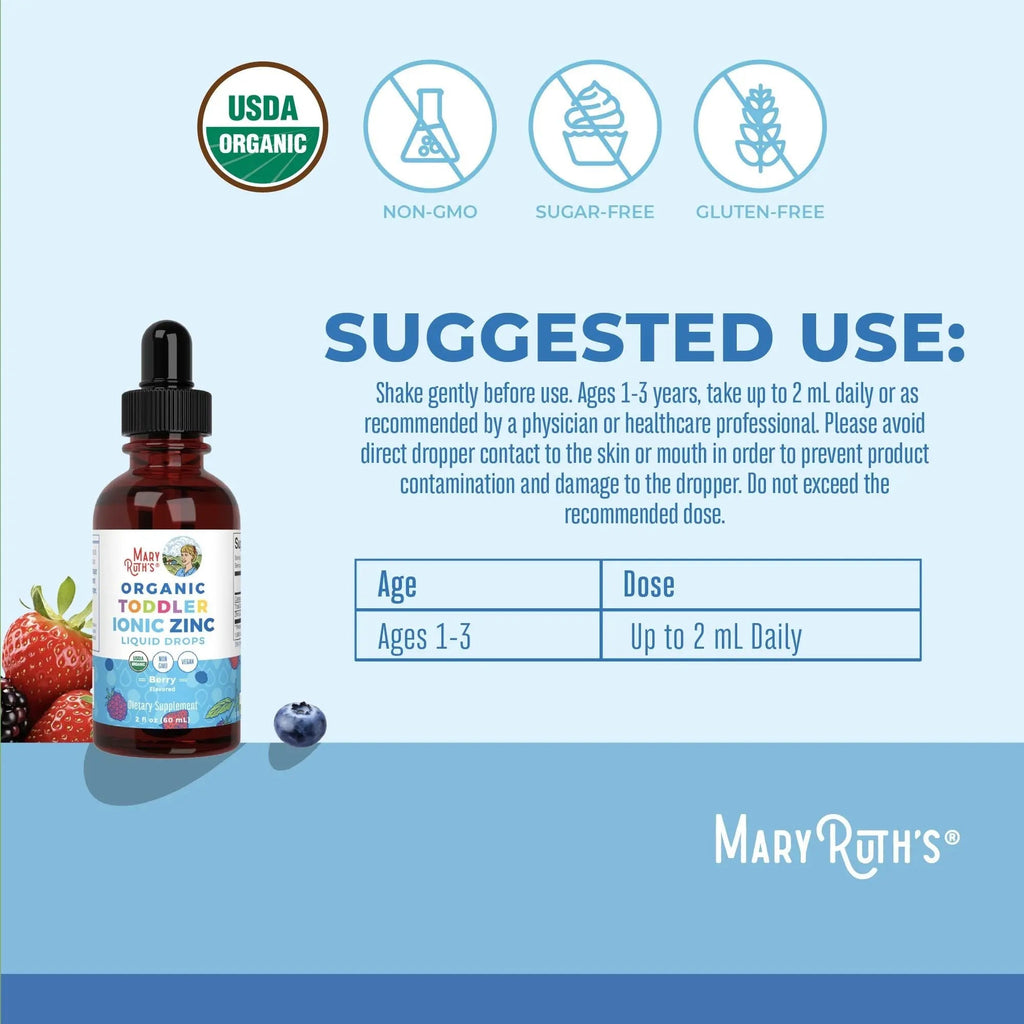 MaryRuth Organics USDA Toddler Liquid Drops | Zinc Sulfate | Immune Support Supplement| Skin Health | Vegan | Formulated for Ages 1-3 | Delicious Berry Flavor | 1 Month Supply | 2 Fl Oz - TrustMedUSA