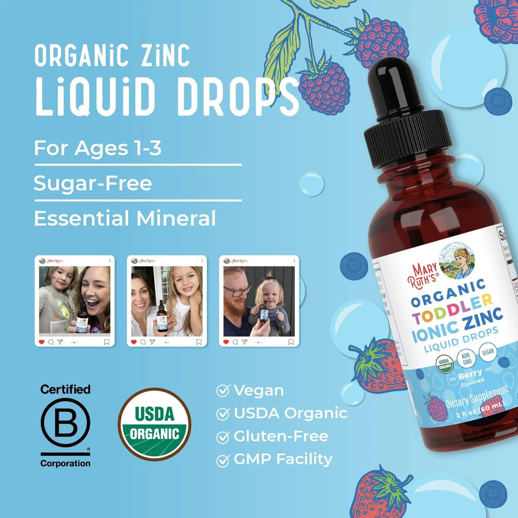 MaryRuth Organics USDA Toddler Liquid Drops | Zinc Sulfate | Immune Support Supplement| Skin Health | Vegan | Formulated for Ages 1-3 | Delicious Berry Flavor | 1 Month Supply | 2 Fl Oz - TrustMedUSA